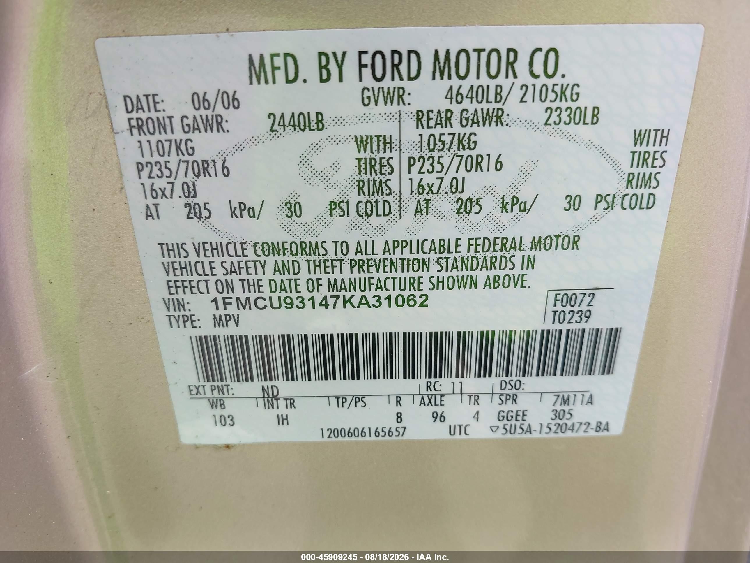 2007 Ford Escape Xlt/xlt Sport Gold vin: 1FMCU93147KA31062