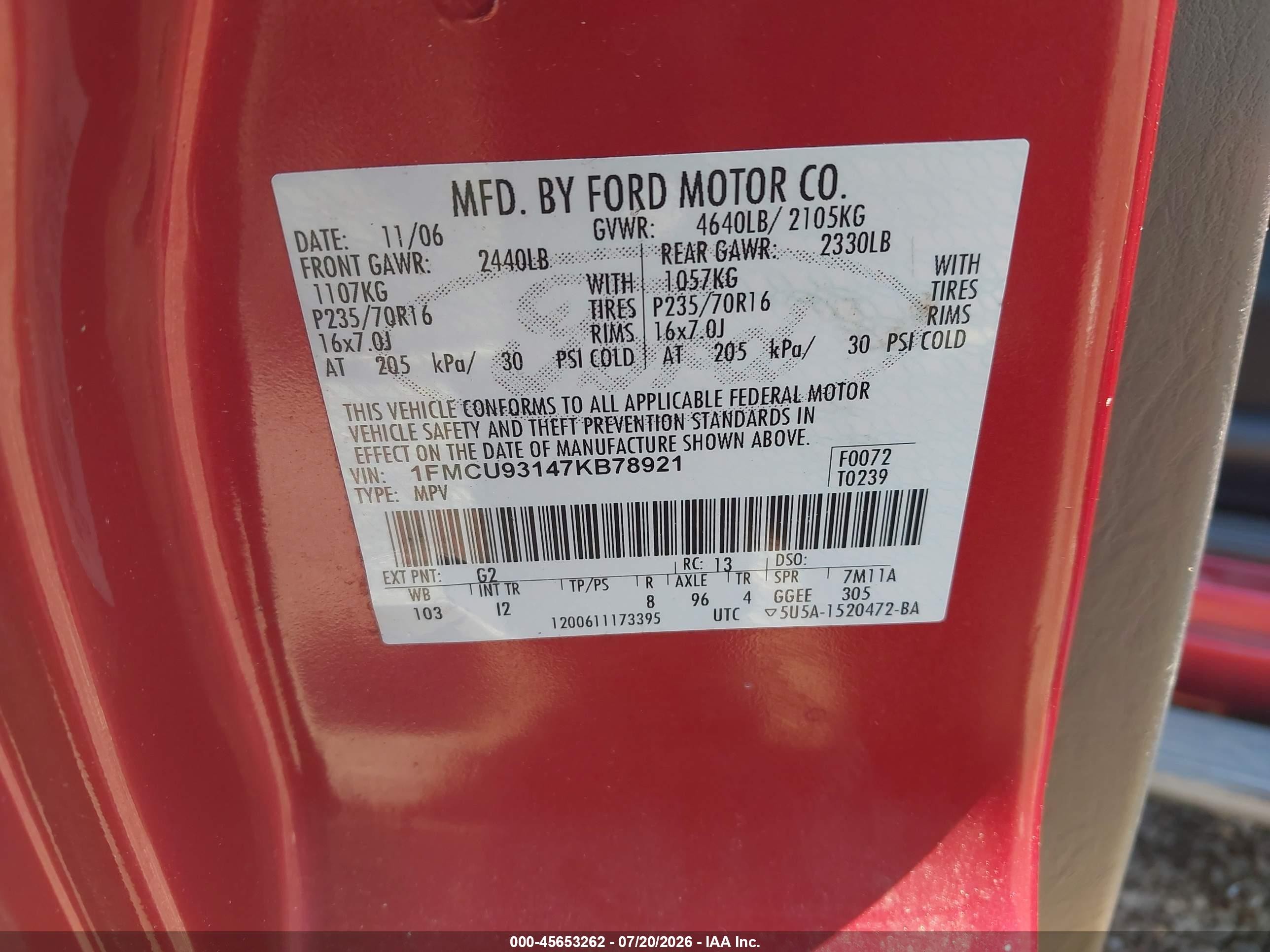 2007 Ford Escape Xlt/xlt Sport Red vin: 1FMCU93147KB78921