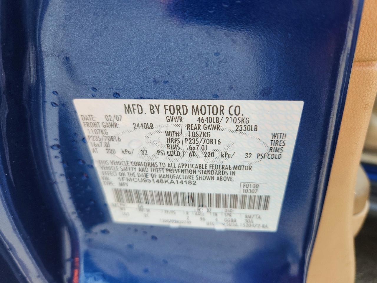 2008 Ford Escape Xlt Blue vin: 1FMCU93148KA14182