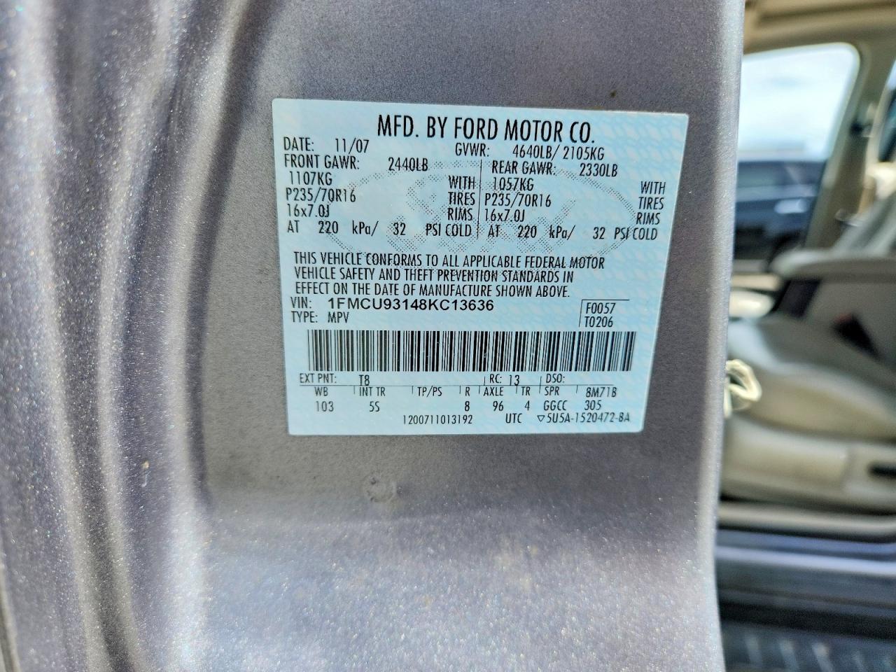 2008 Ford Escape Xlt Gray vin: 1FMCU93148KC13636