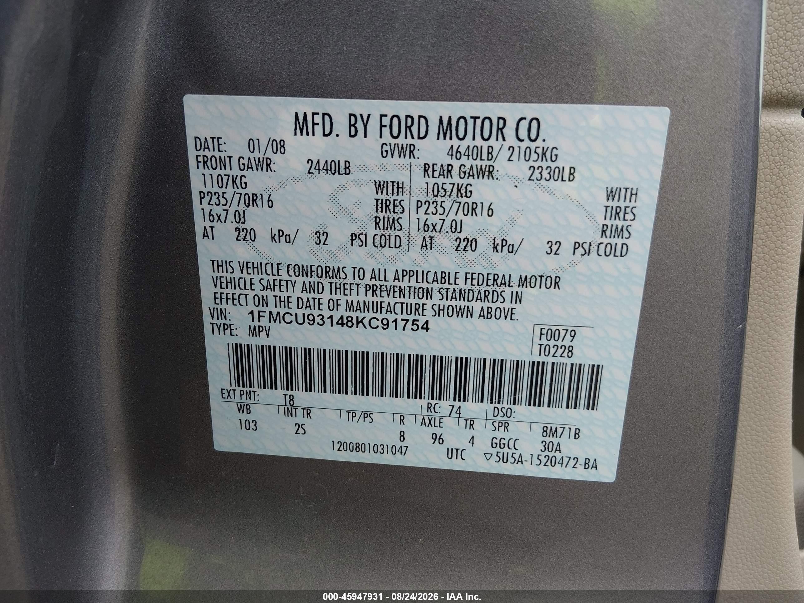 2008 Ford Escape Xlt Серый vin: 1FMCU93148KC91754