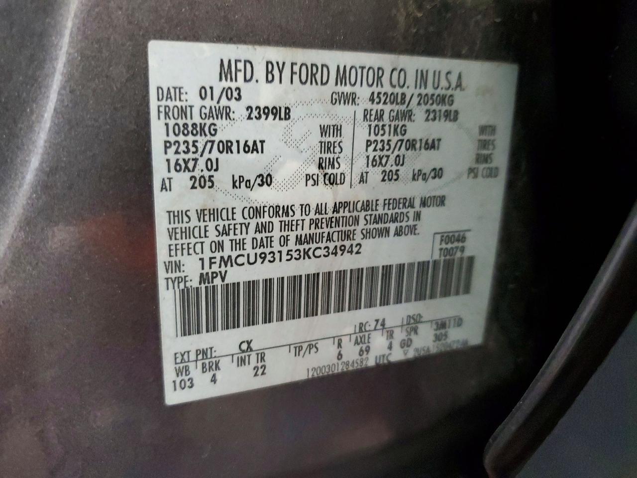 2003 Ford Escape Charcoal vin: 1FMCU93153KC34942