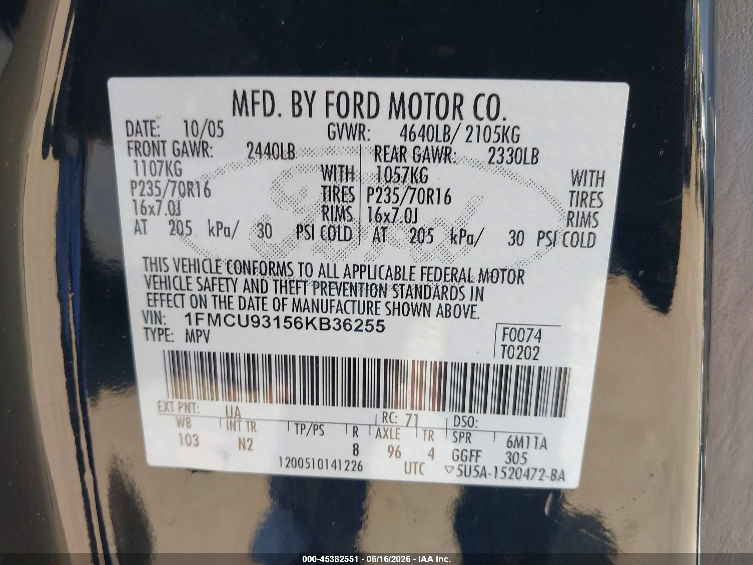 2006 Ford Escape Xlt/xlt Sport Black vin: 1FMCU93156KB36255