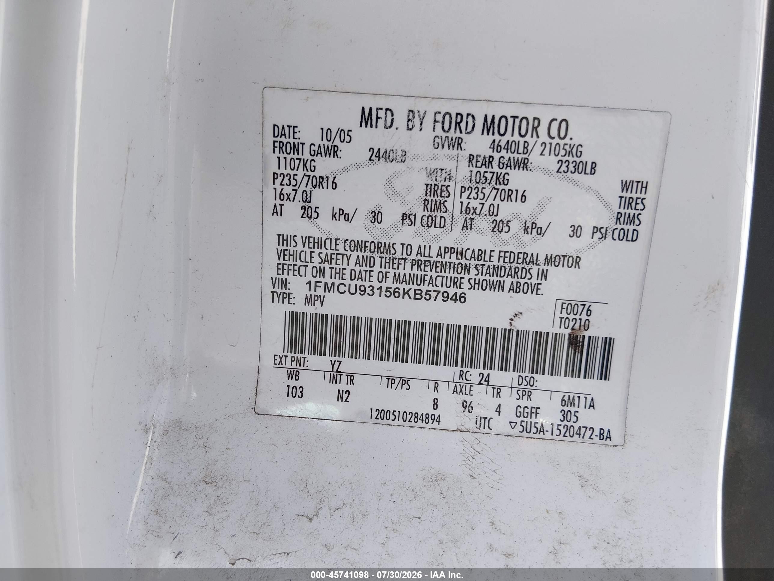 2006 Ford Escape Xlt/xlt Sport White vin: 1FMCU93156KB57946