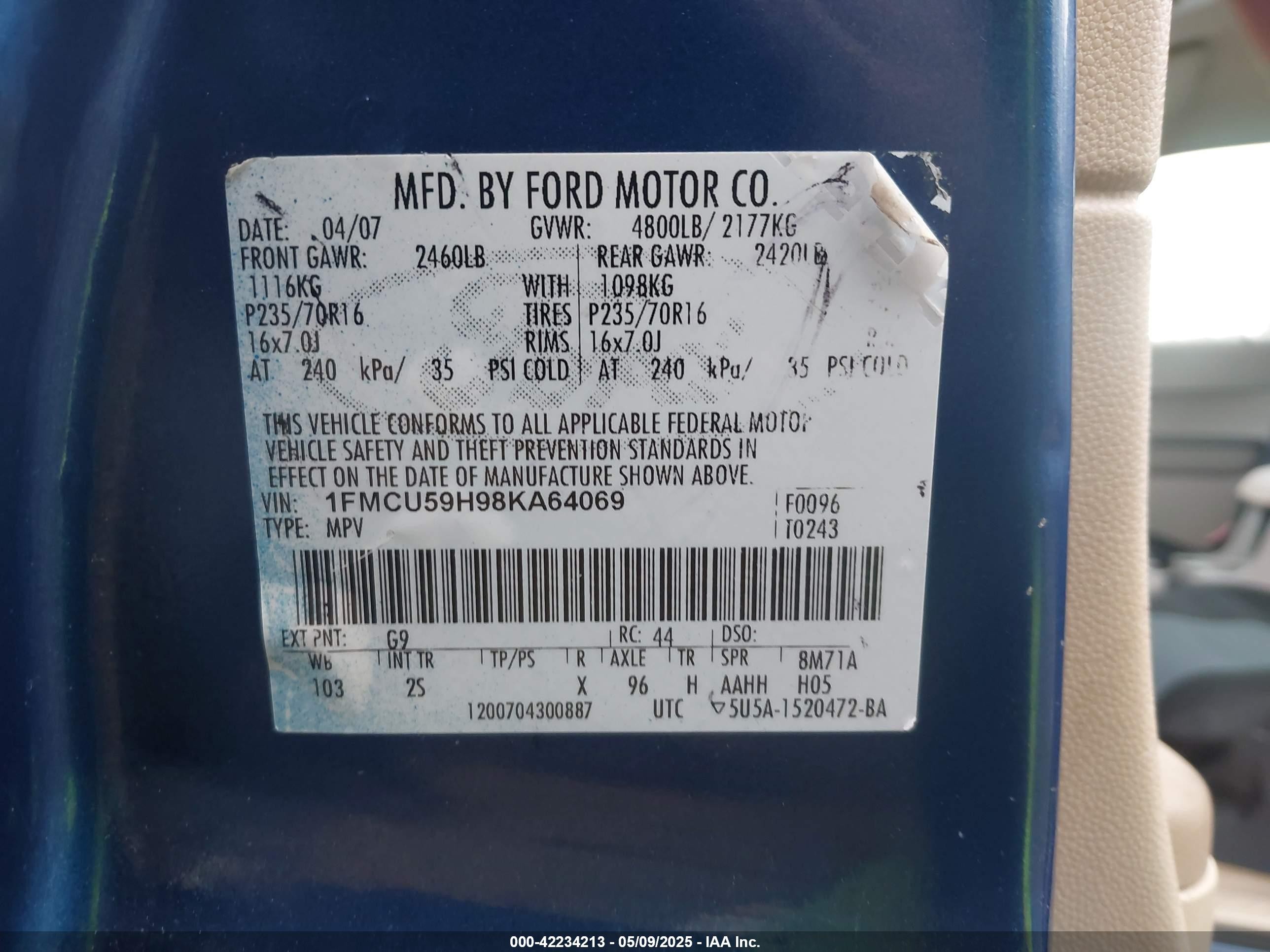 2008 Ford Escape Xlt Blue vin: 1FMCU93158KE03395