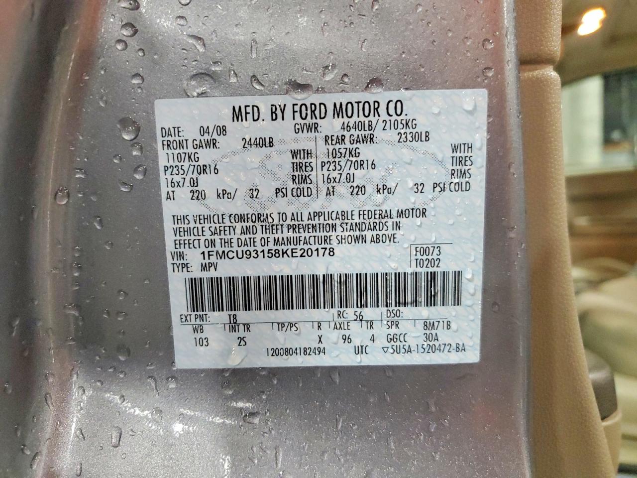 2008 Ford Escape Xlt Gray vin: 1FMCU93158KE20178