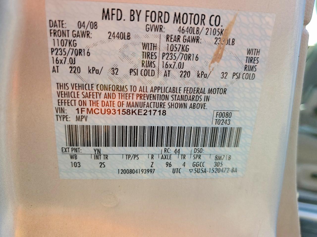 2008 Ford Escape Xlt Silver vin: 1FMCU93158KE21718