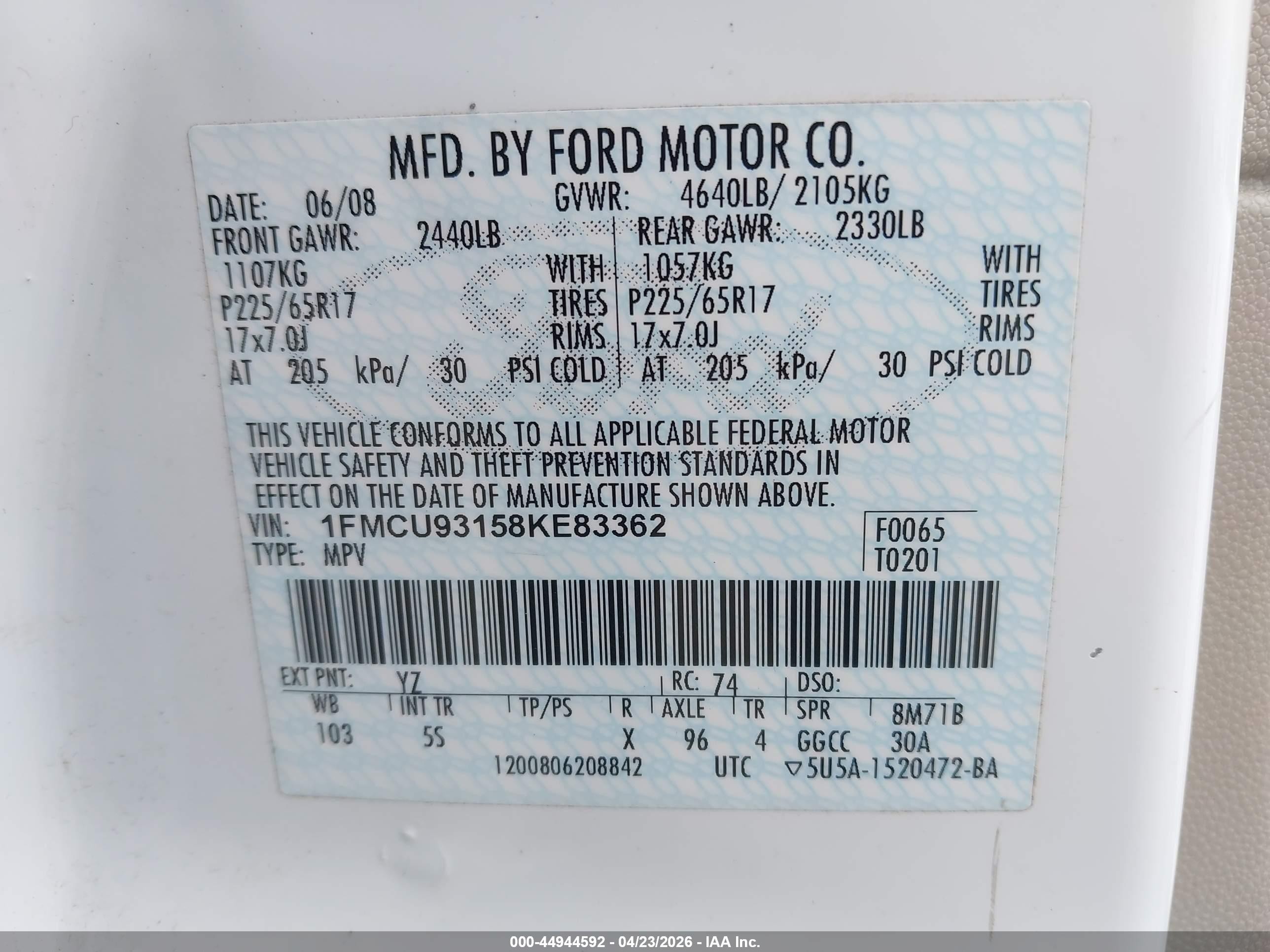 2008 Ford Escape Xlt White vin: 1FMCU93158KE83362