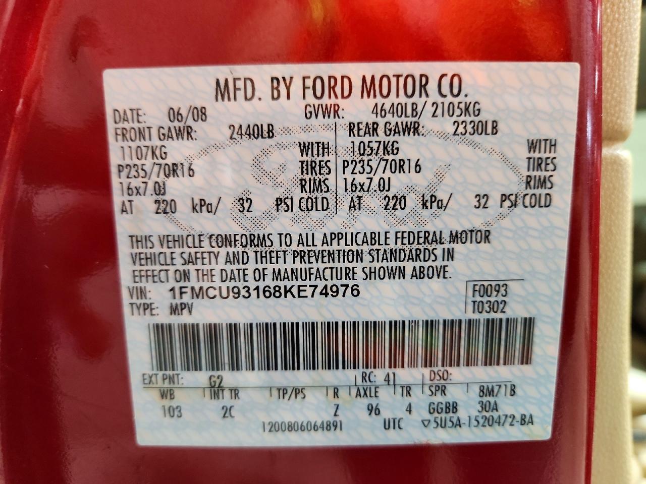 2008 Ford Escape Xlt Red vin: 1FMCU93168KE74976