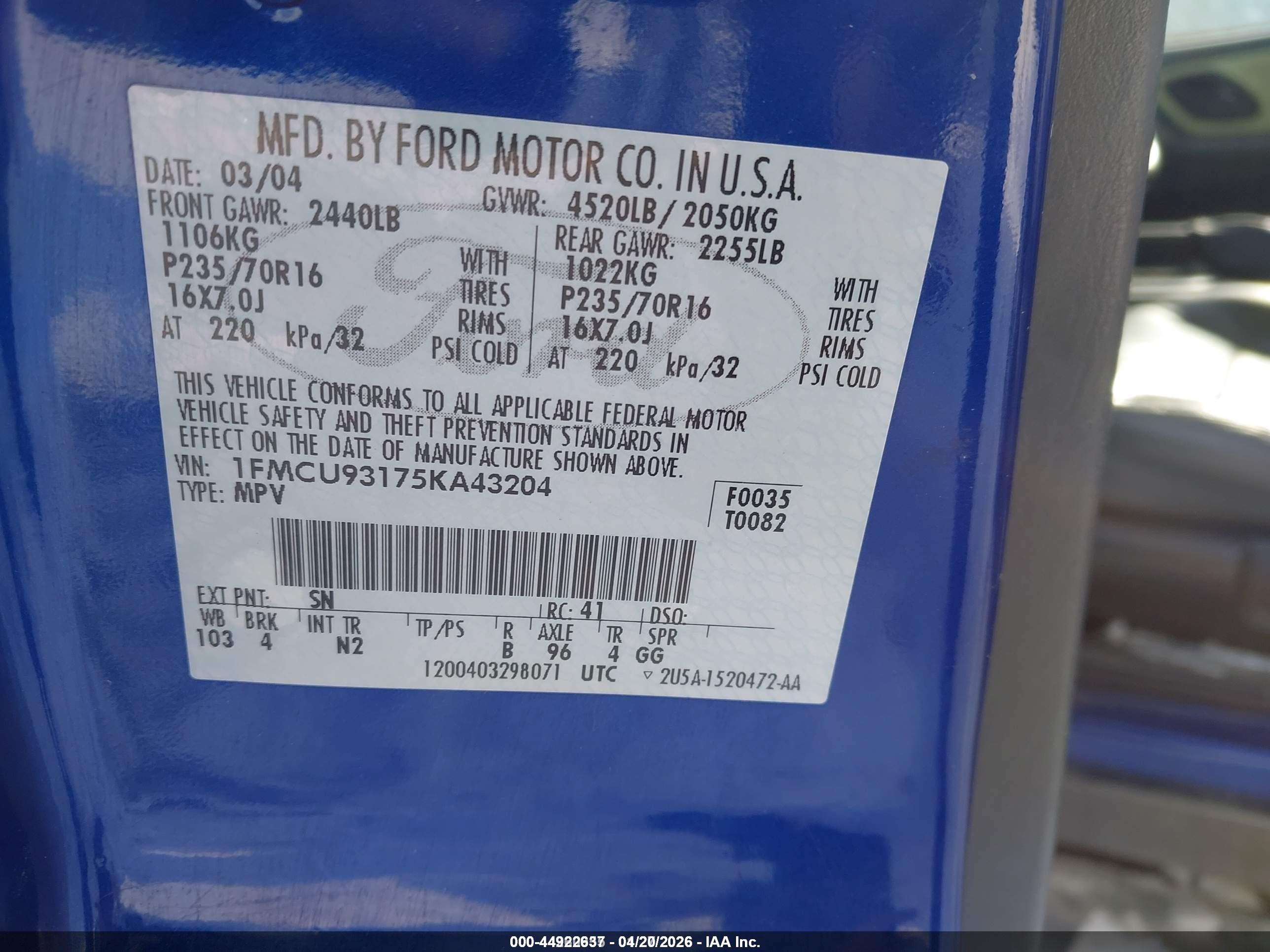 2005 Ford Escape Xlt Blue vin: 1FMCU93175KA43204