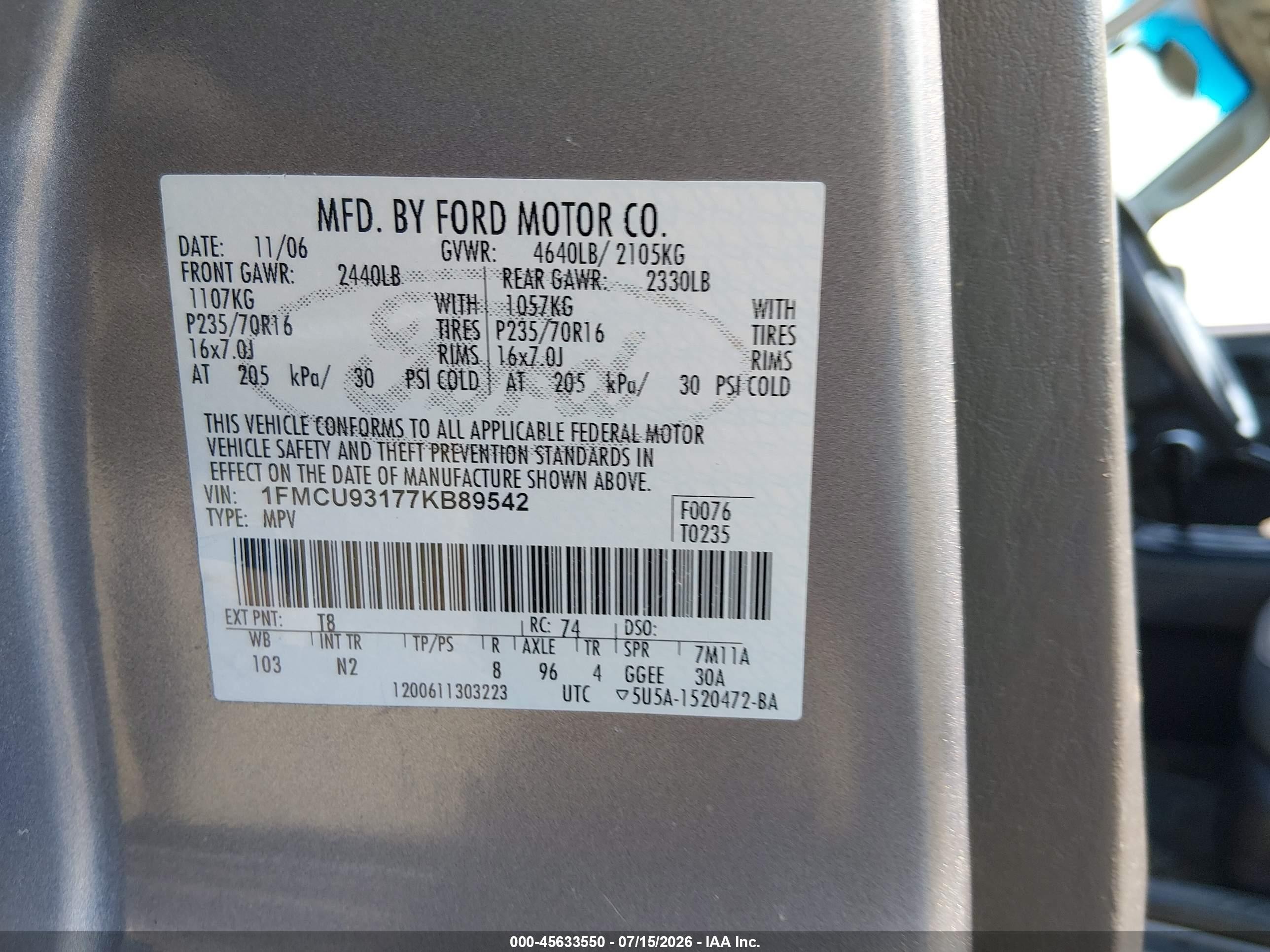 2007 Ford Escape   Gray vin: 1FMCU93177KB89542