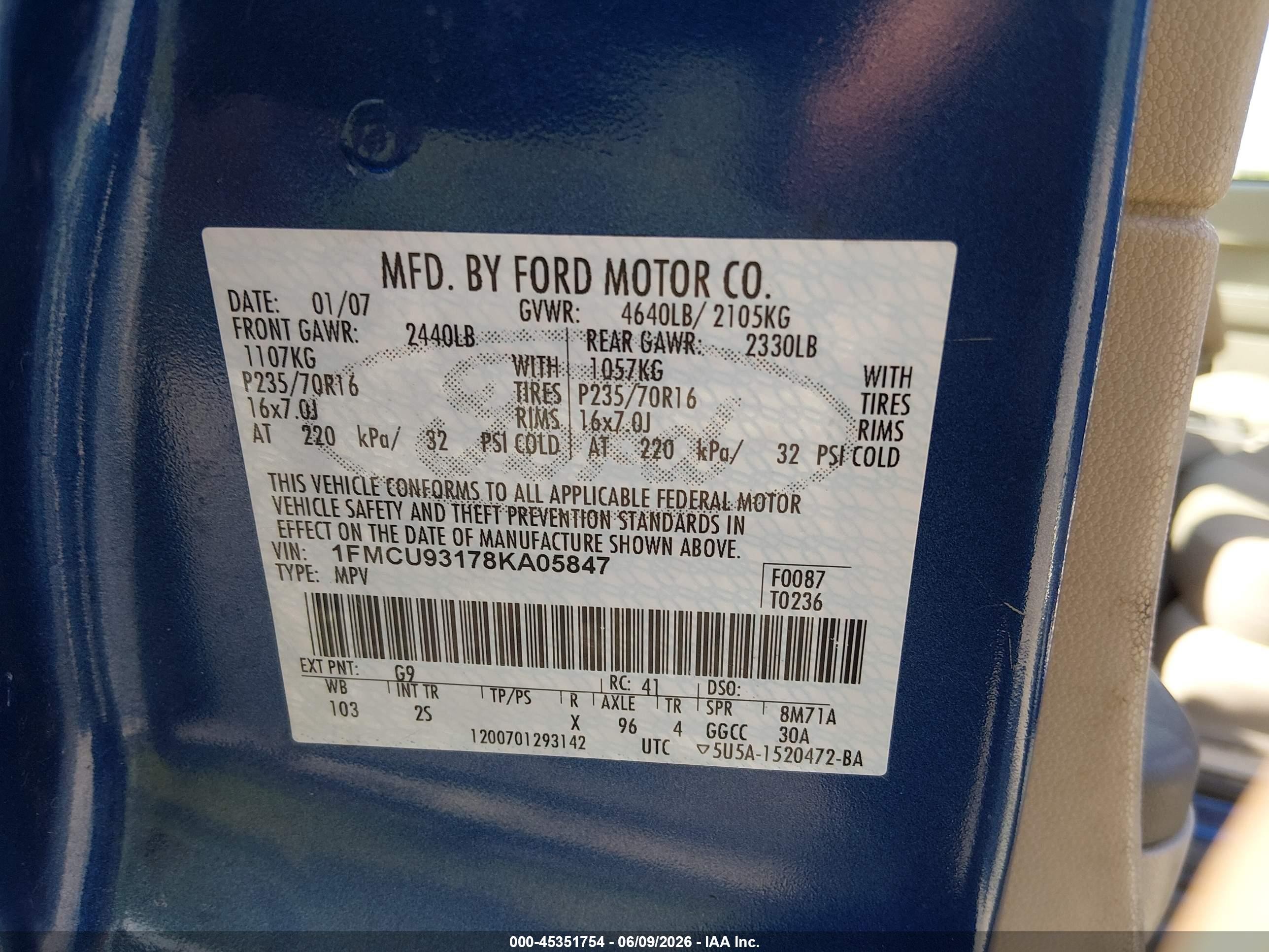 2008 Ford Escape Xlt Blue vin: 1FMCU93178KA05847