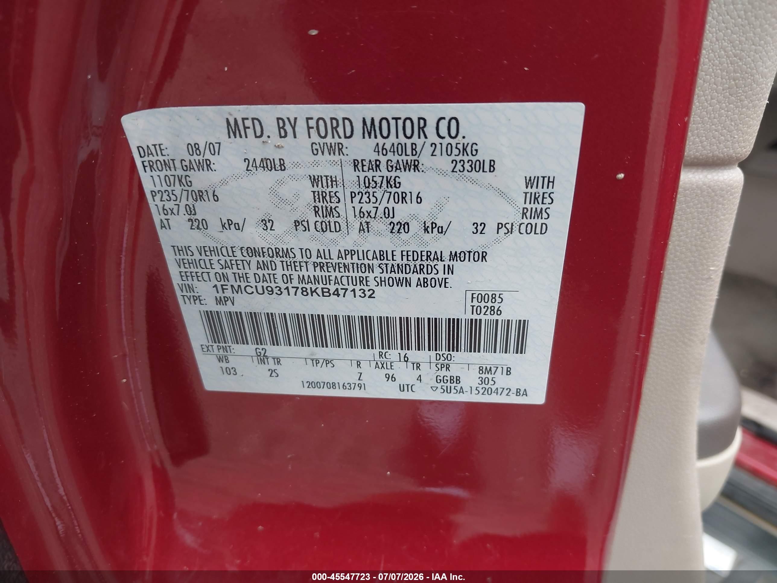 2008 Ford Escape Xlt Maroon vin: 1FMCU93178KB47132