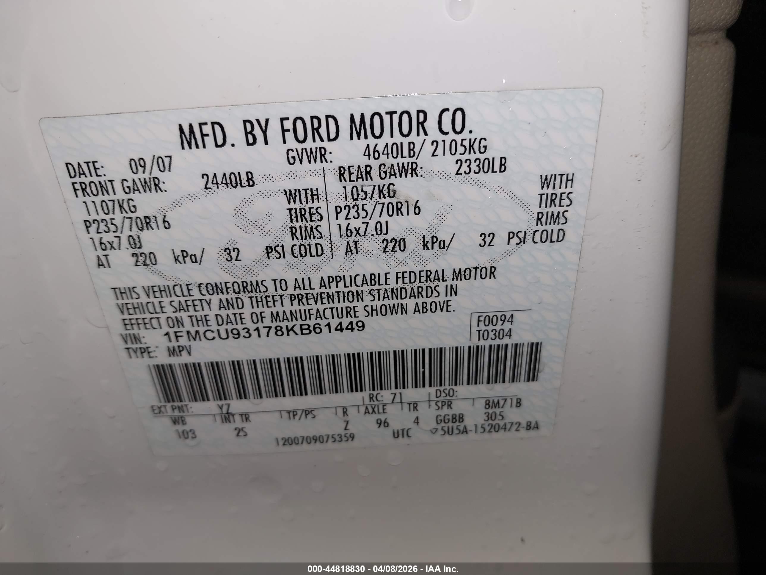 2008 Ford Escape Xlt White vin: 1FMCU93178KB61449