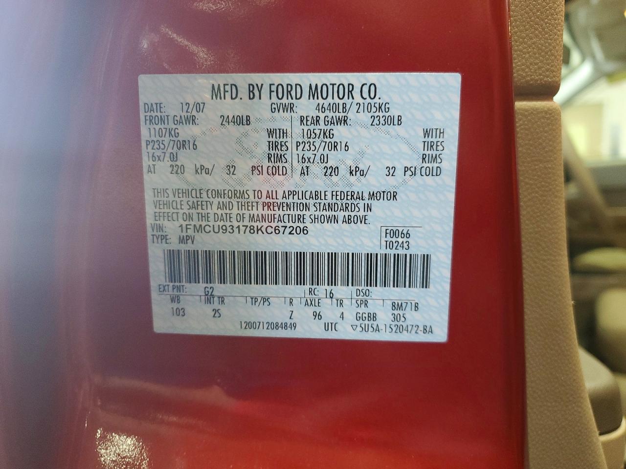 2008 Ford Escape Xlt Red vin: 1FMCU93178KC67206