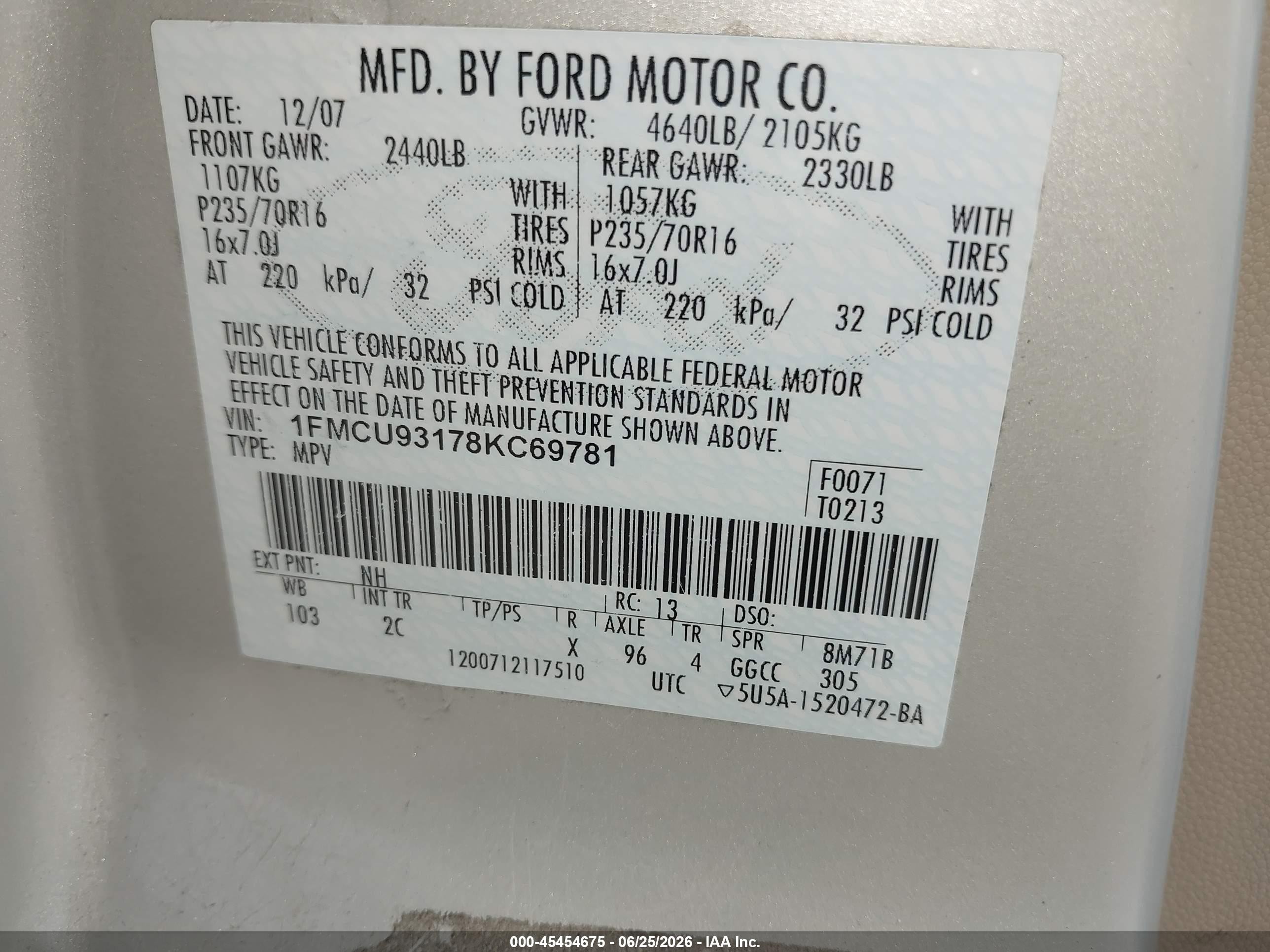 2008 Ford Escape Xlt Gold vin: 1FMCU93178KC69781