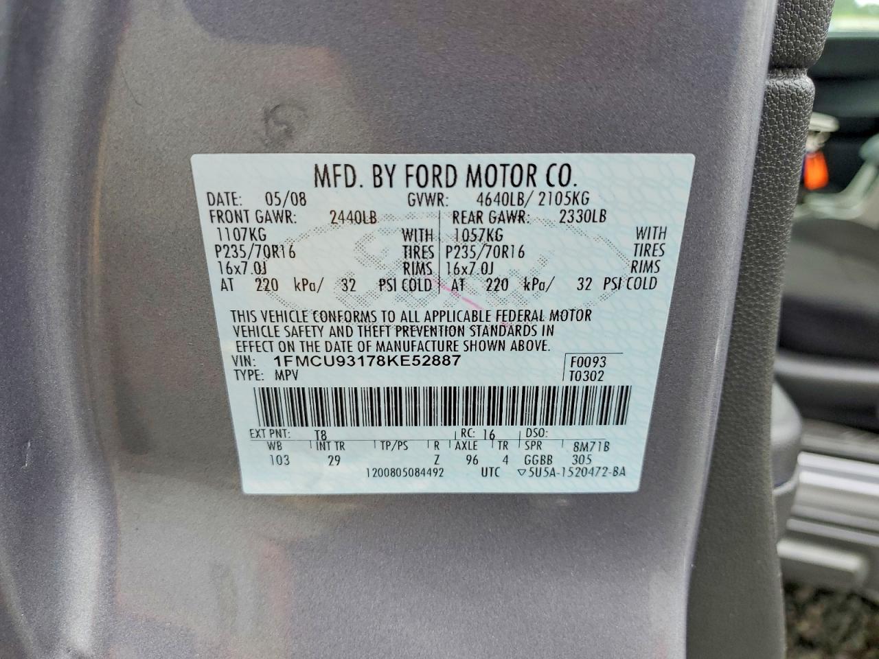 2008 Ford Escape Xlt Gray vin: 1FMCU93178KE52887