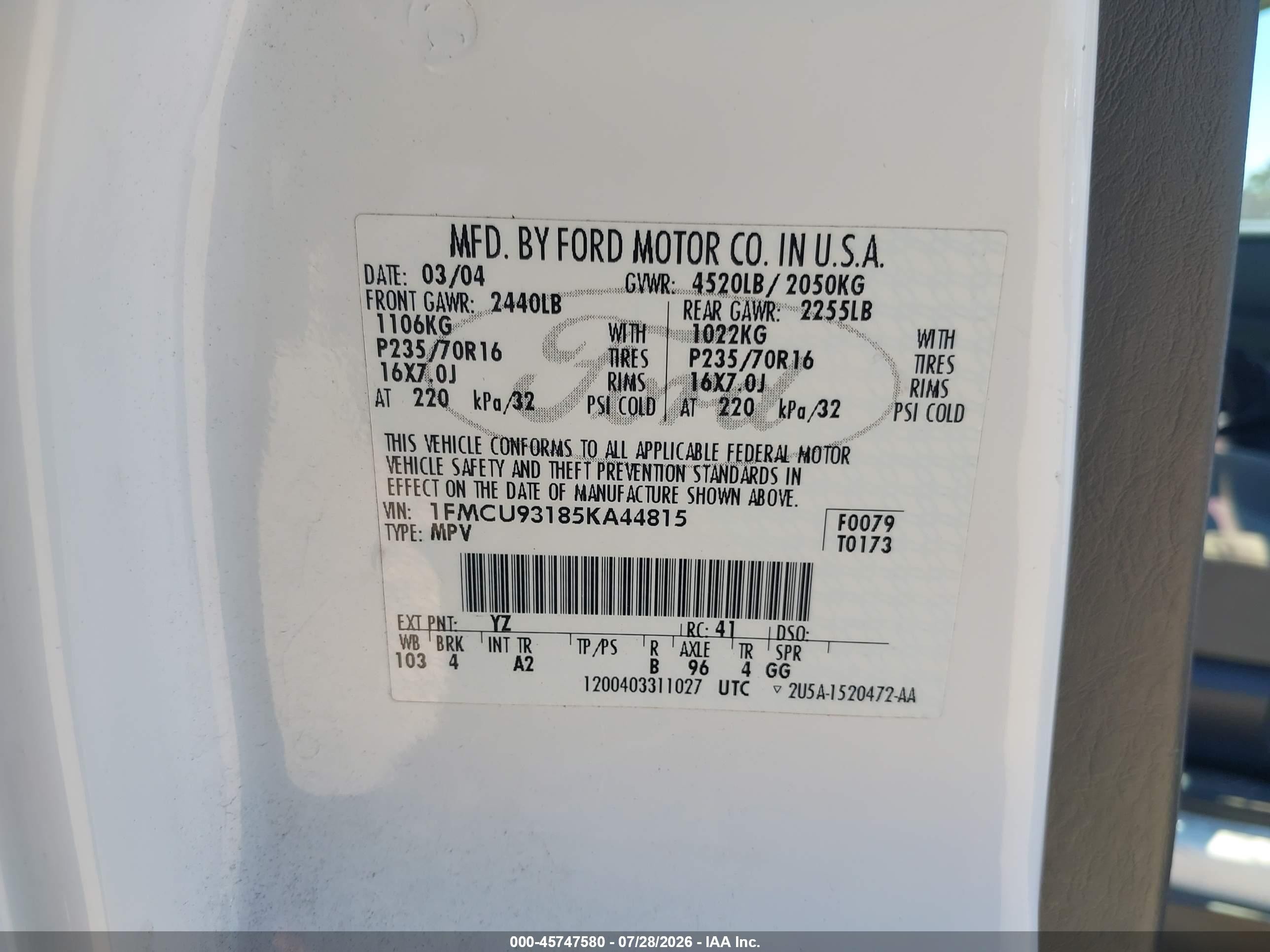 2005 Ford Escape Xlt White vin: 1FMCU93185KA44815