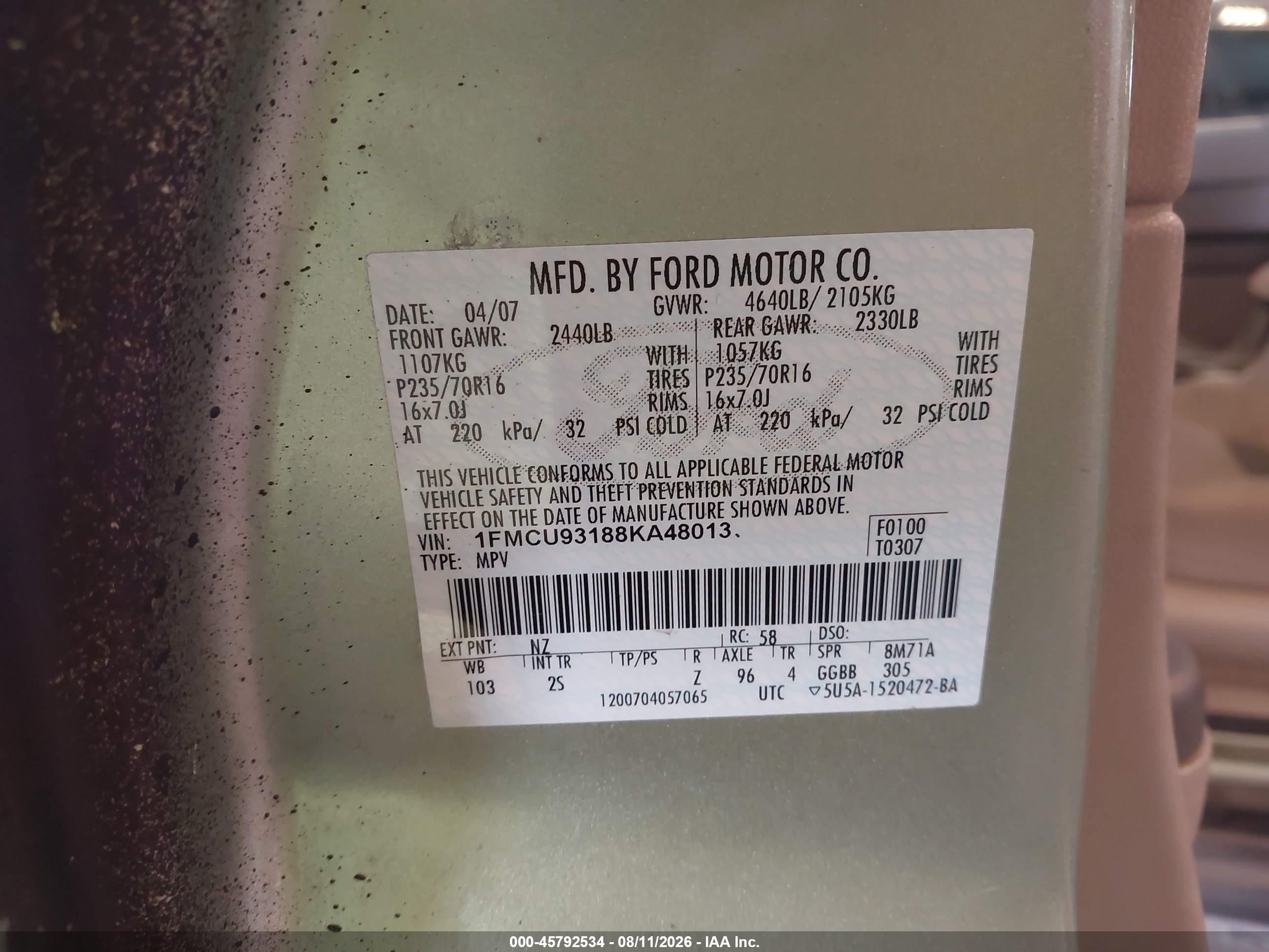 2008 Ford Escape Xlt Green vin: 1FMCU93188KA48013