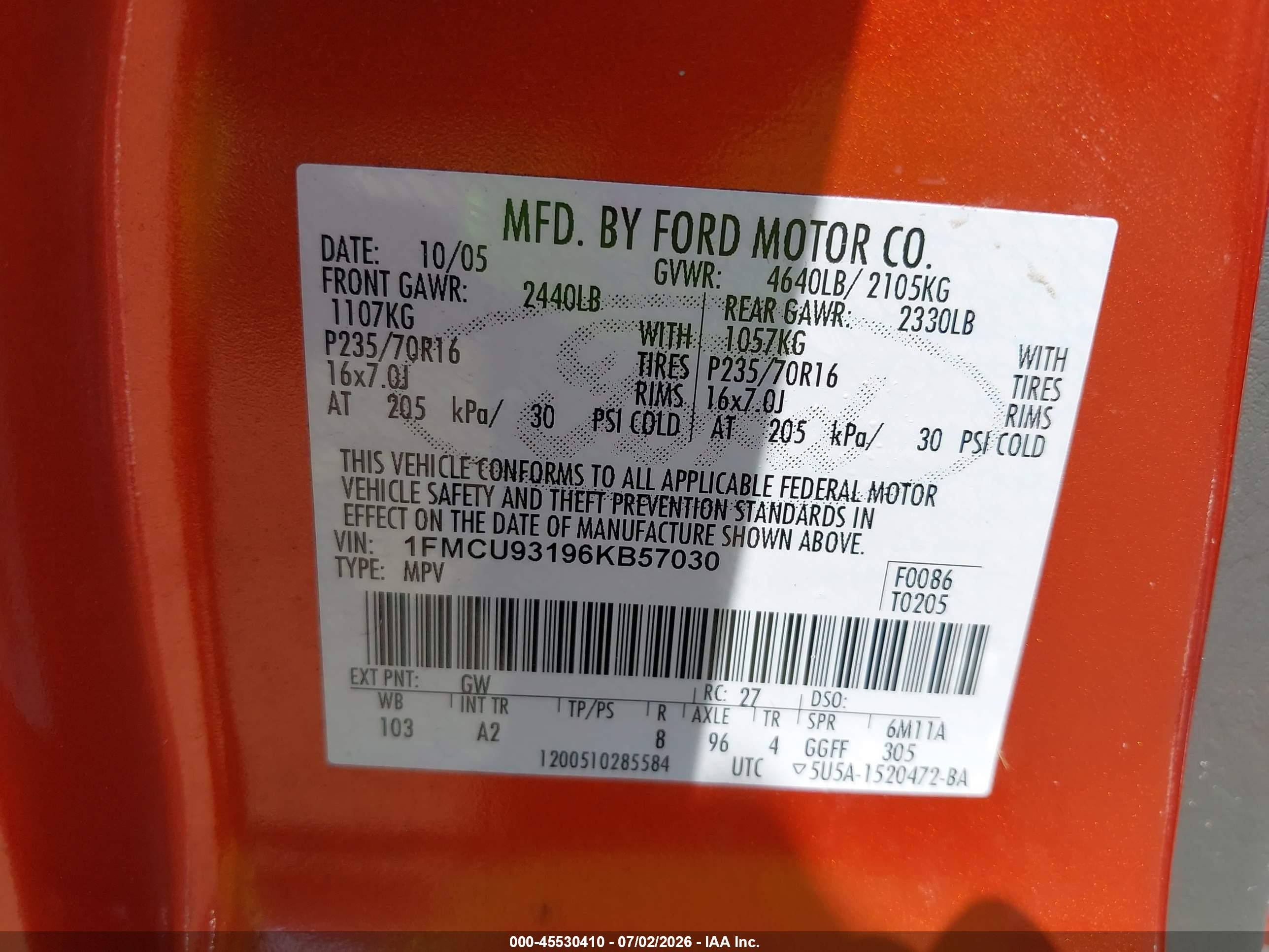 2006 Ford Escape Xlt/xlt Sport Orange vin: 1FMCU93196KB57030