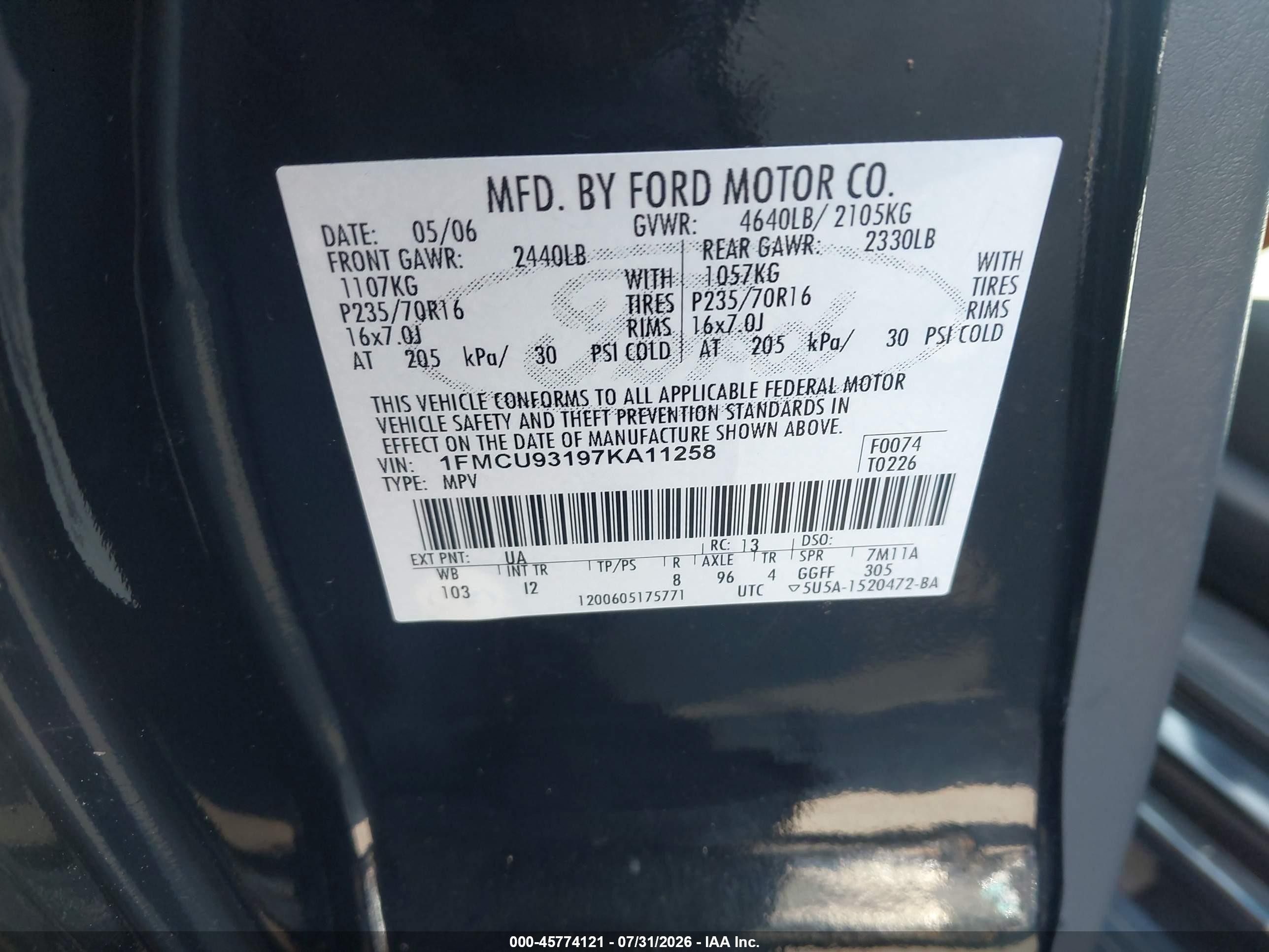 2007 Ford Escape Xlt/xlt Sport Black vin: 1FMCU93197KA11258