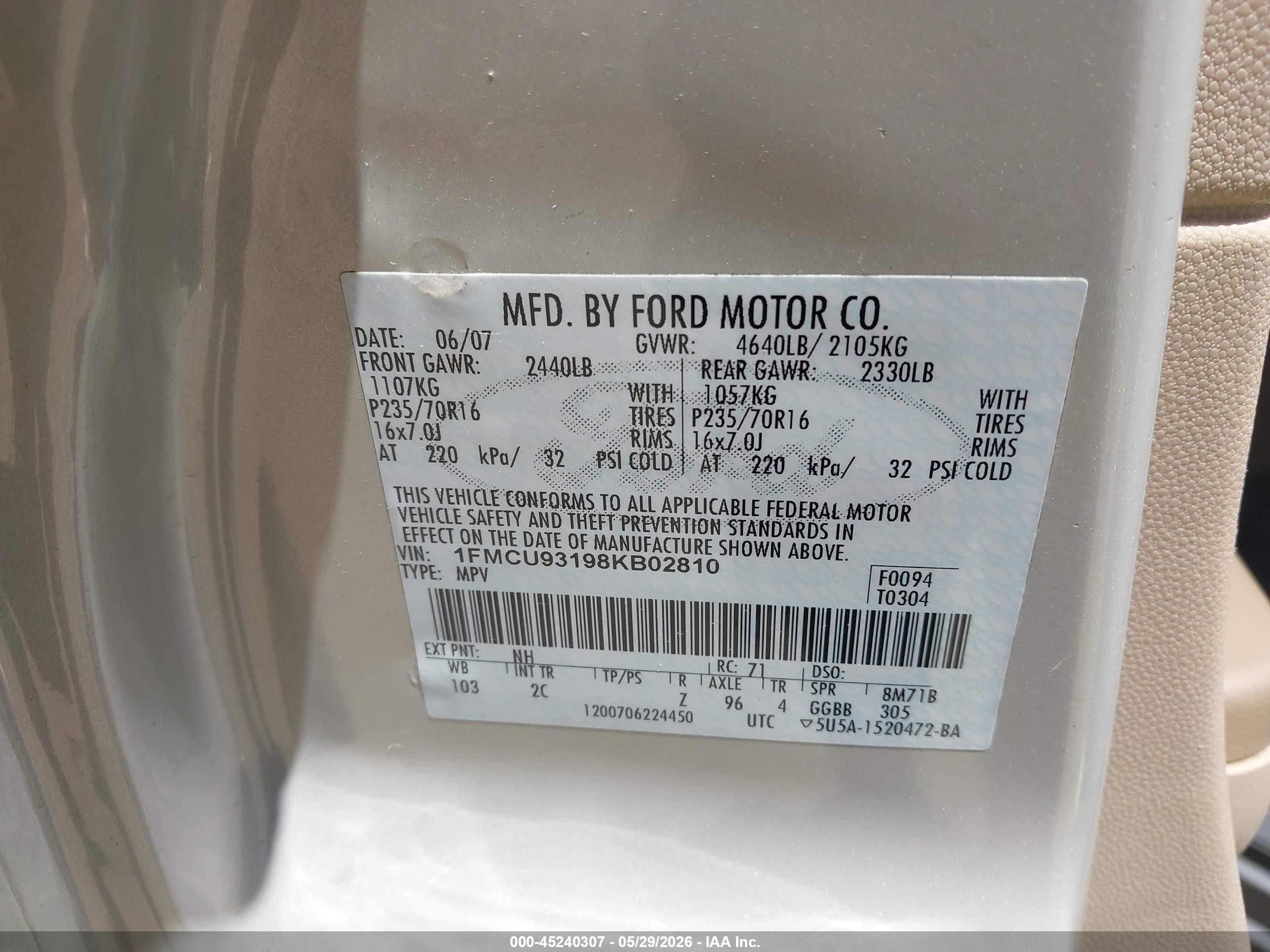 2008 Ford Escape Xlt Cream vin: 1FMCU93198KB02810