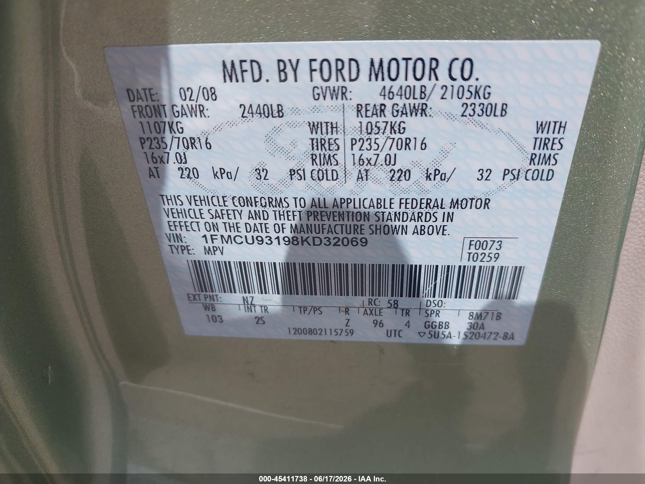 2008 Ford Escape Xlt Green vin: 1FMCU93198KD32069