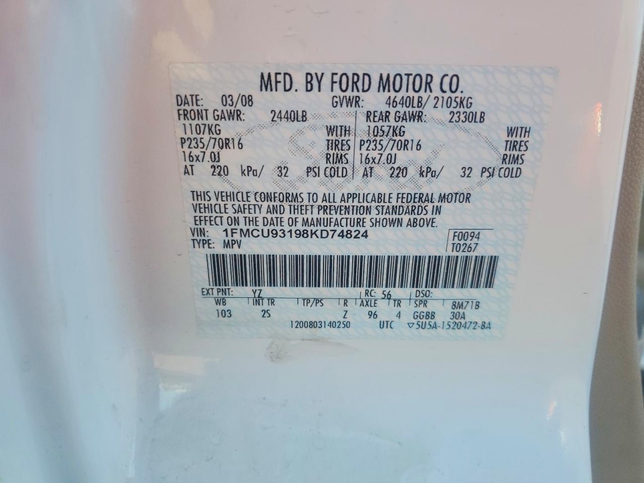 2008 Ford Escape Xlt Белый vin: 1FMCU93198KD74824