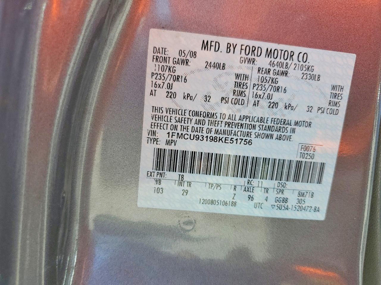 2008 Ford Escape Xlt Gray vin: 1FMCU93198KE51756