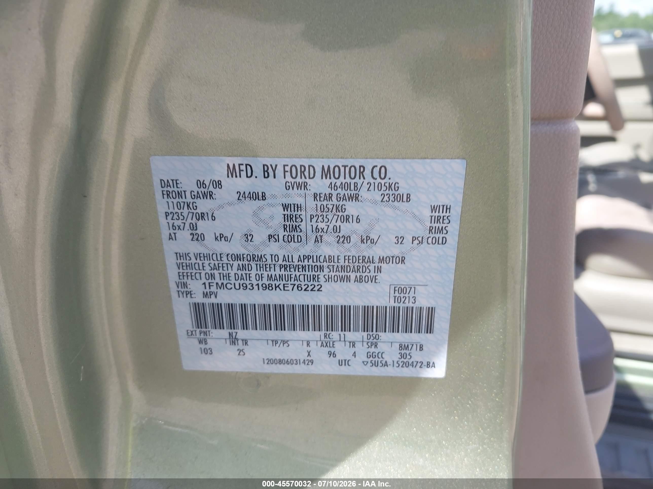 2008 Ford Escape Xlt Green vin: 1FMCU93198KE76222