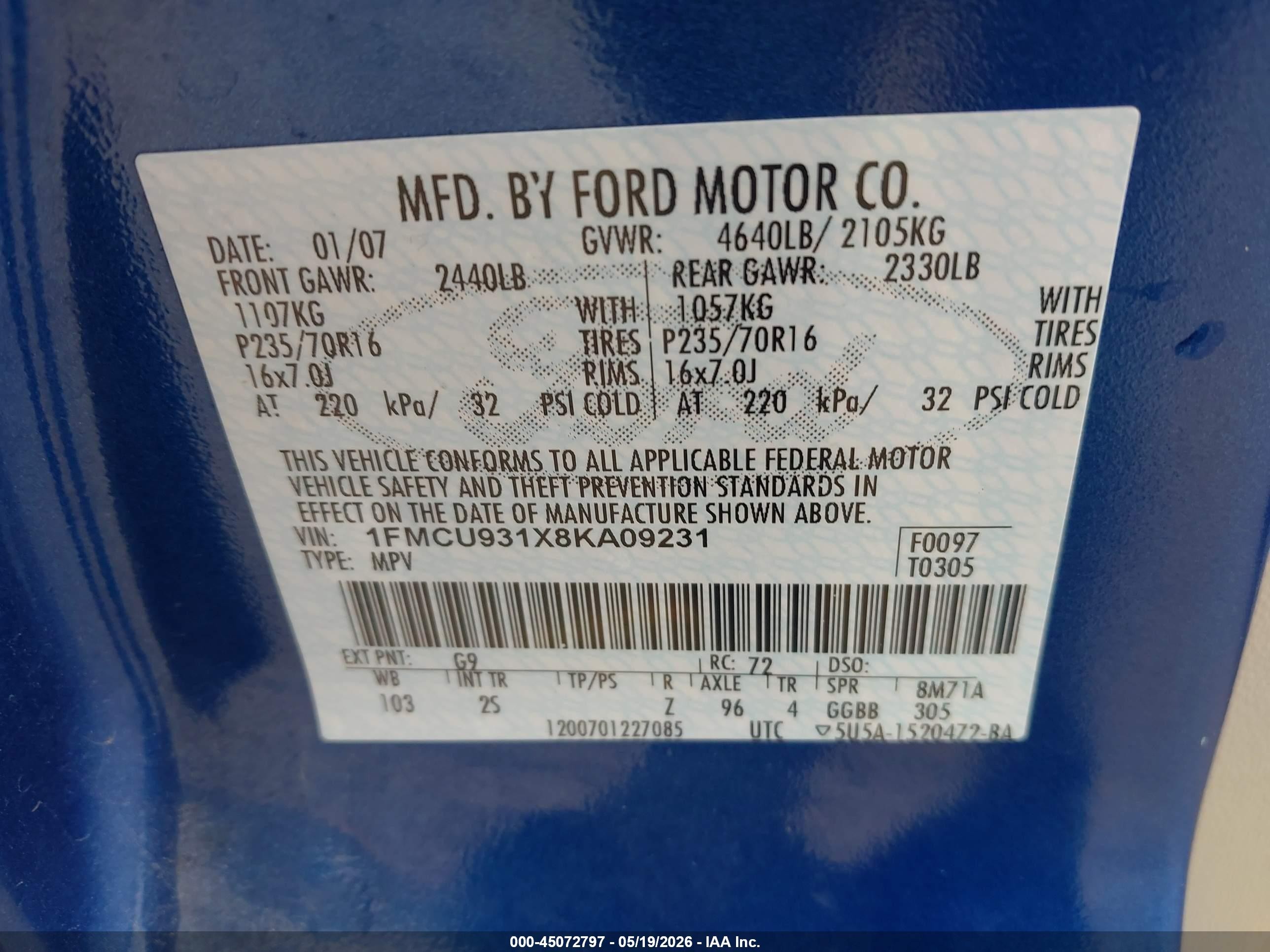 2008 Ford Escape Xlt Синий vin: 1FMCU931X8KA09231