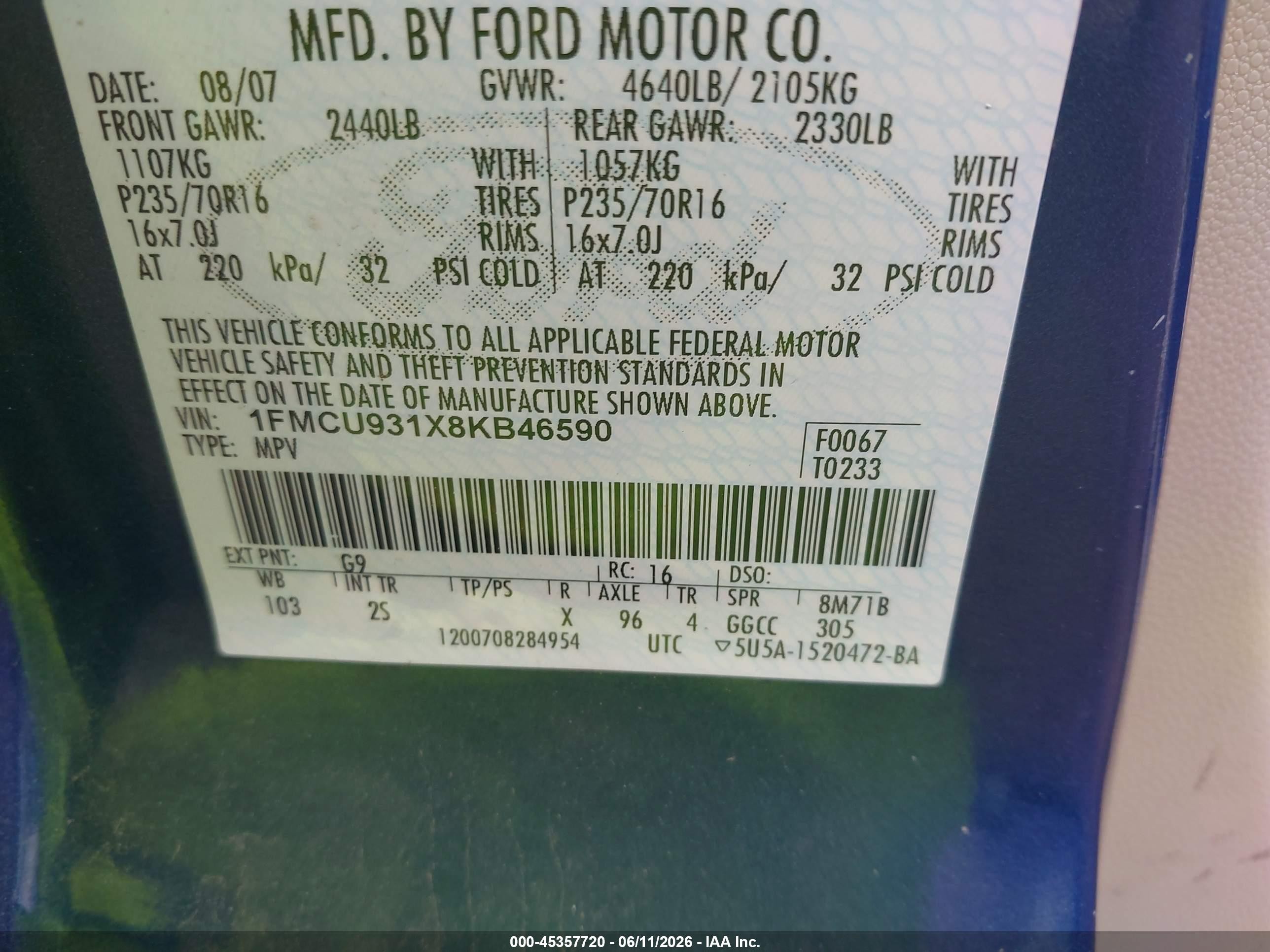 2008 Ford Escape Xlt Blue vin: 1FMCU931X8KB46590