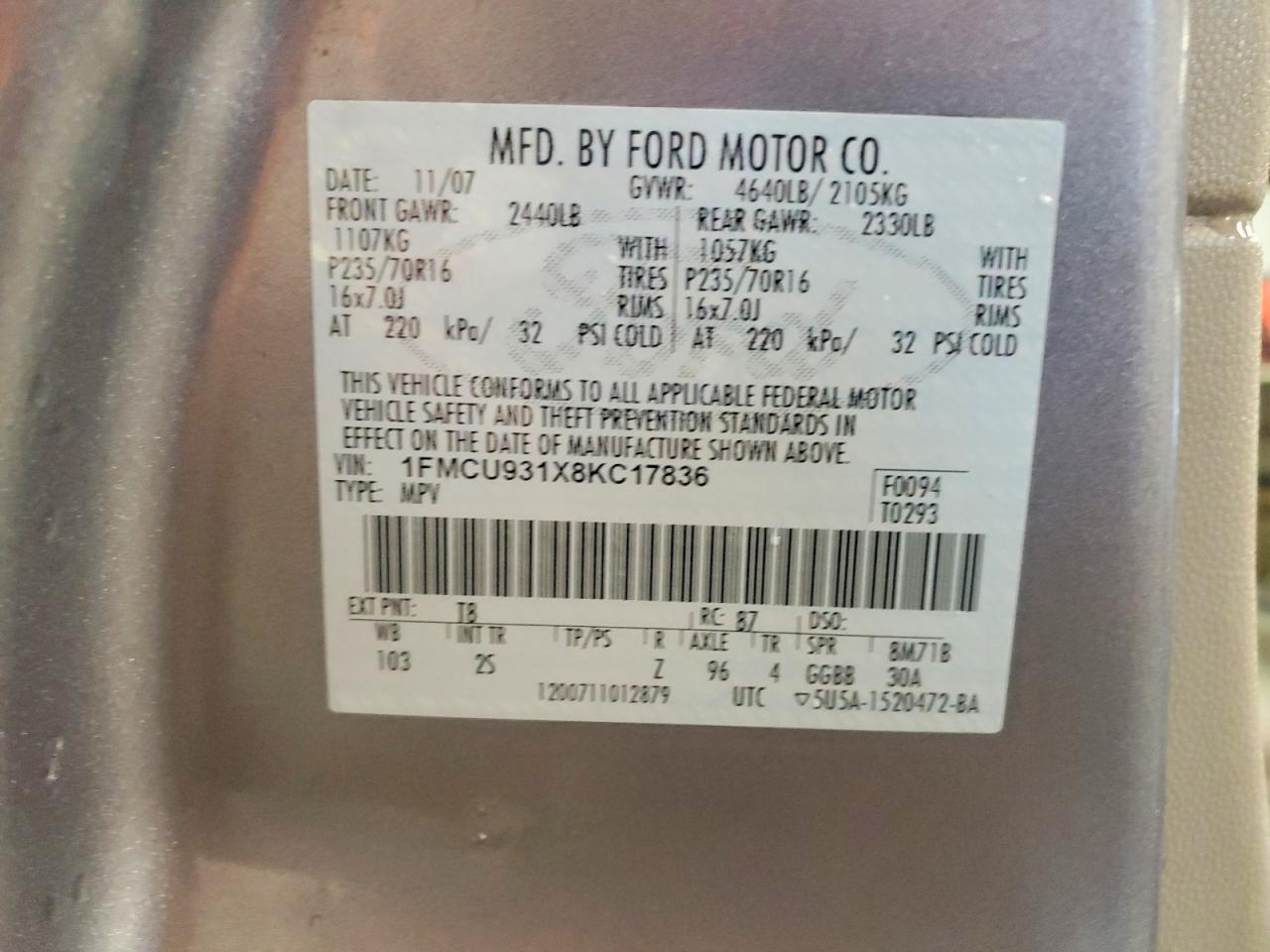 2008 Ford Escape Xlt Gray vin: 1FMCU931X8KC17836