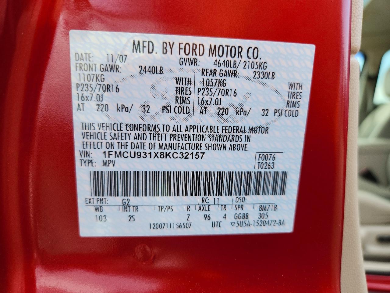 2008 Ford Escape Xlt Red vin: 1FMCU931X8KC32157