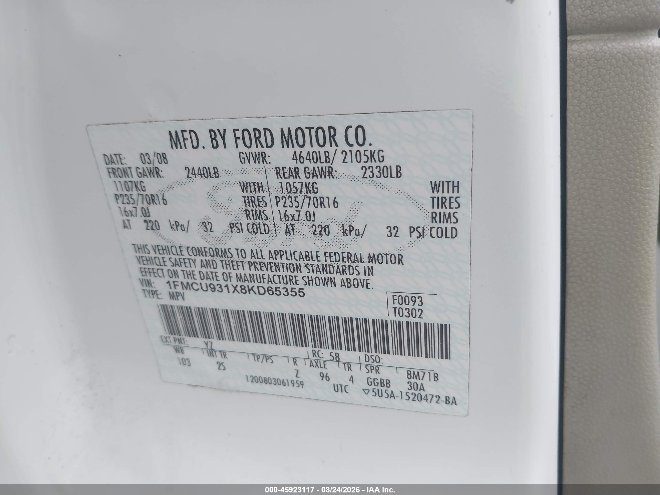 2008 Ford Escape Xlt Белый vin: 1FMCU931X8KD65355