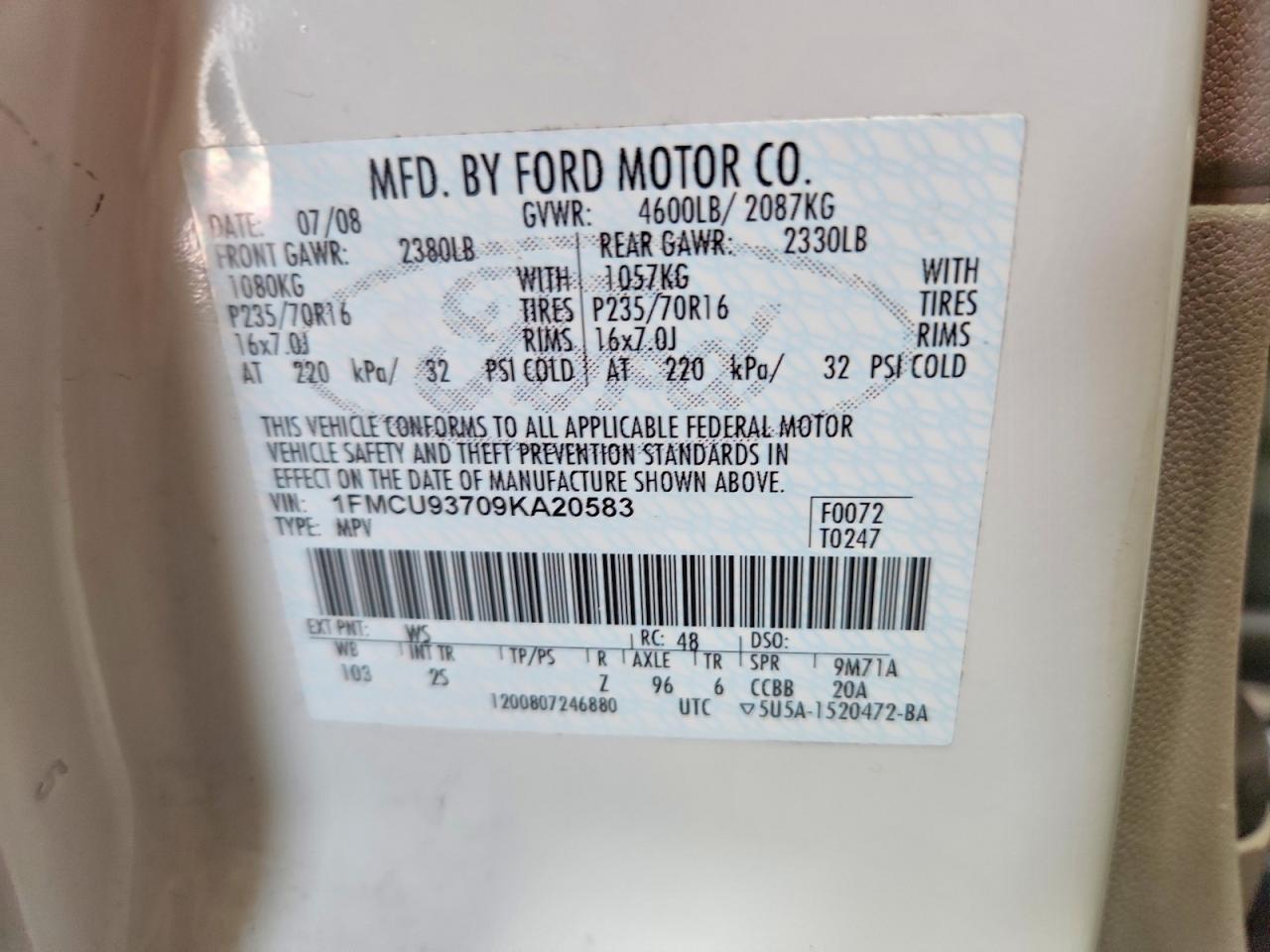 2009 Ford Escape Xlt White vin: 1FMCU93709KA20583
