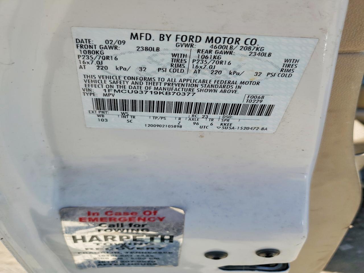 2009 Ford Escape Xlt White vin: 1FMCU93719KB70377