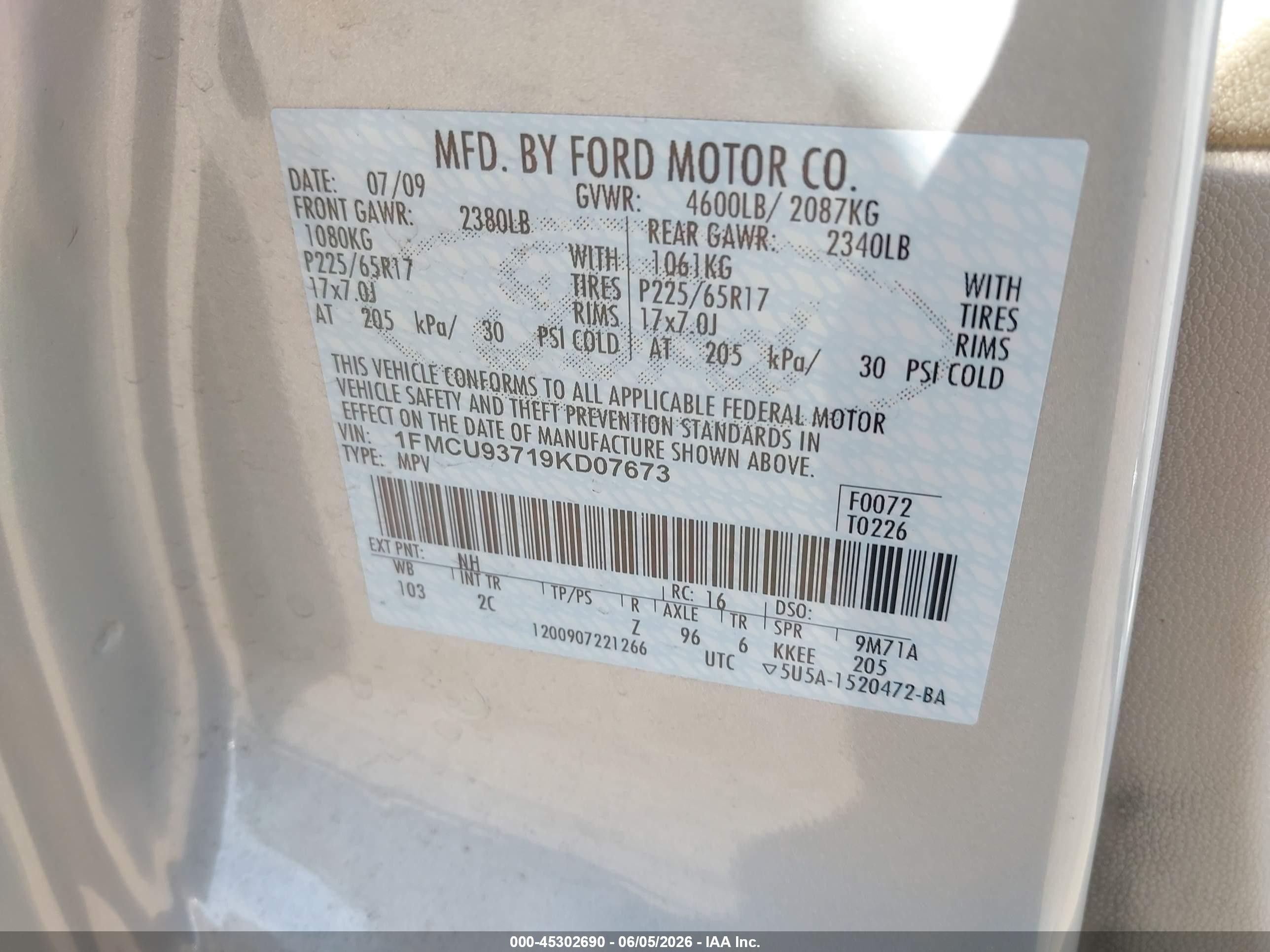 2009 Ford Escape Xlt Beige vin: 1FMCU93719KD07673