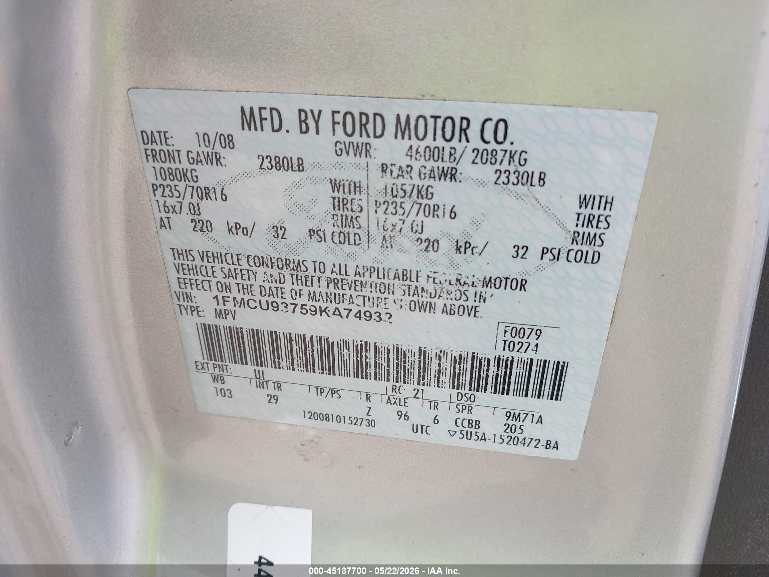 2009 Ford Escape Xlt Gray vin: 1FMCU93759KA74932