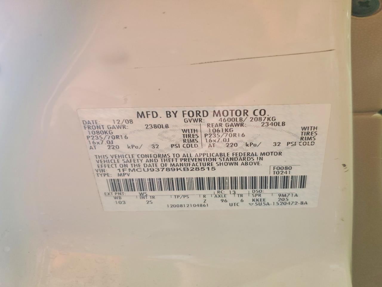 2009 Ford Escape Xlt White vin: 1FMCU93789KB28515