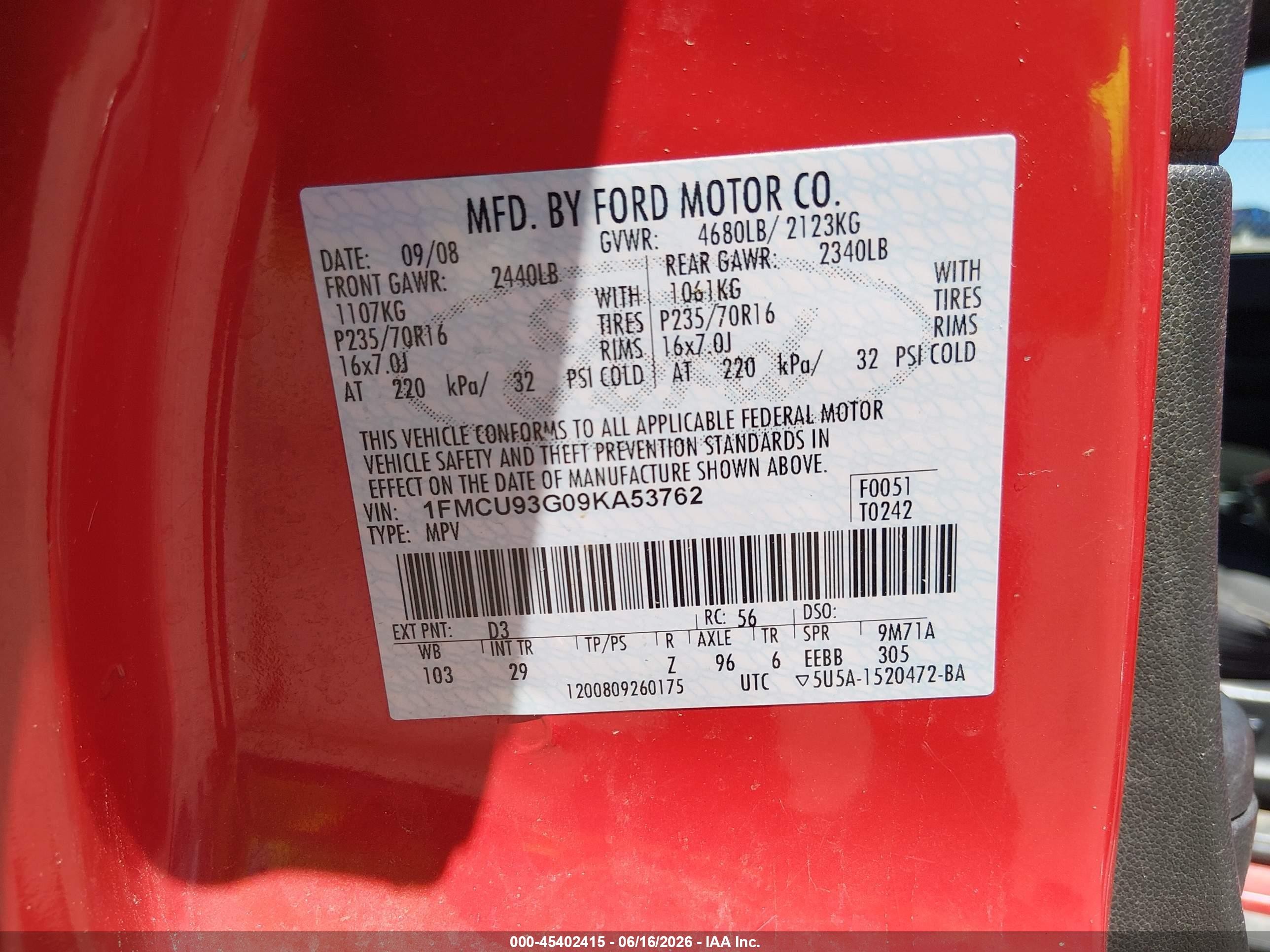 2009 Ford Escape Xlt Red vin: 1FMCU93G09KA53762