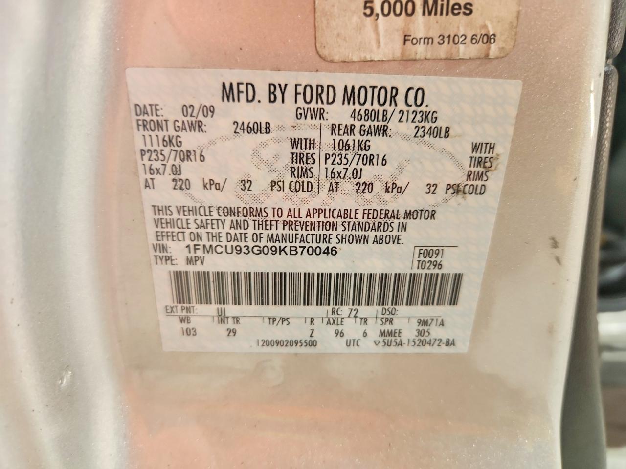 2009 Ford Escape Xlt Silver vin: 1FMCU93G09KB70046