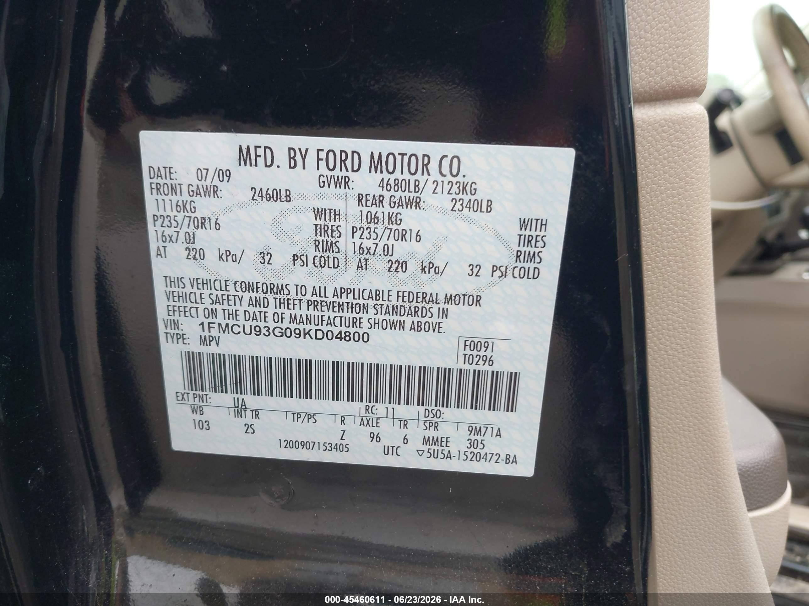 2009 Ford Escape Xlt Black vin: 1FMCU93G09KD04800