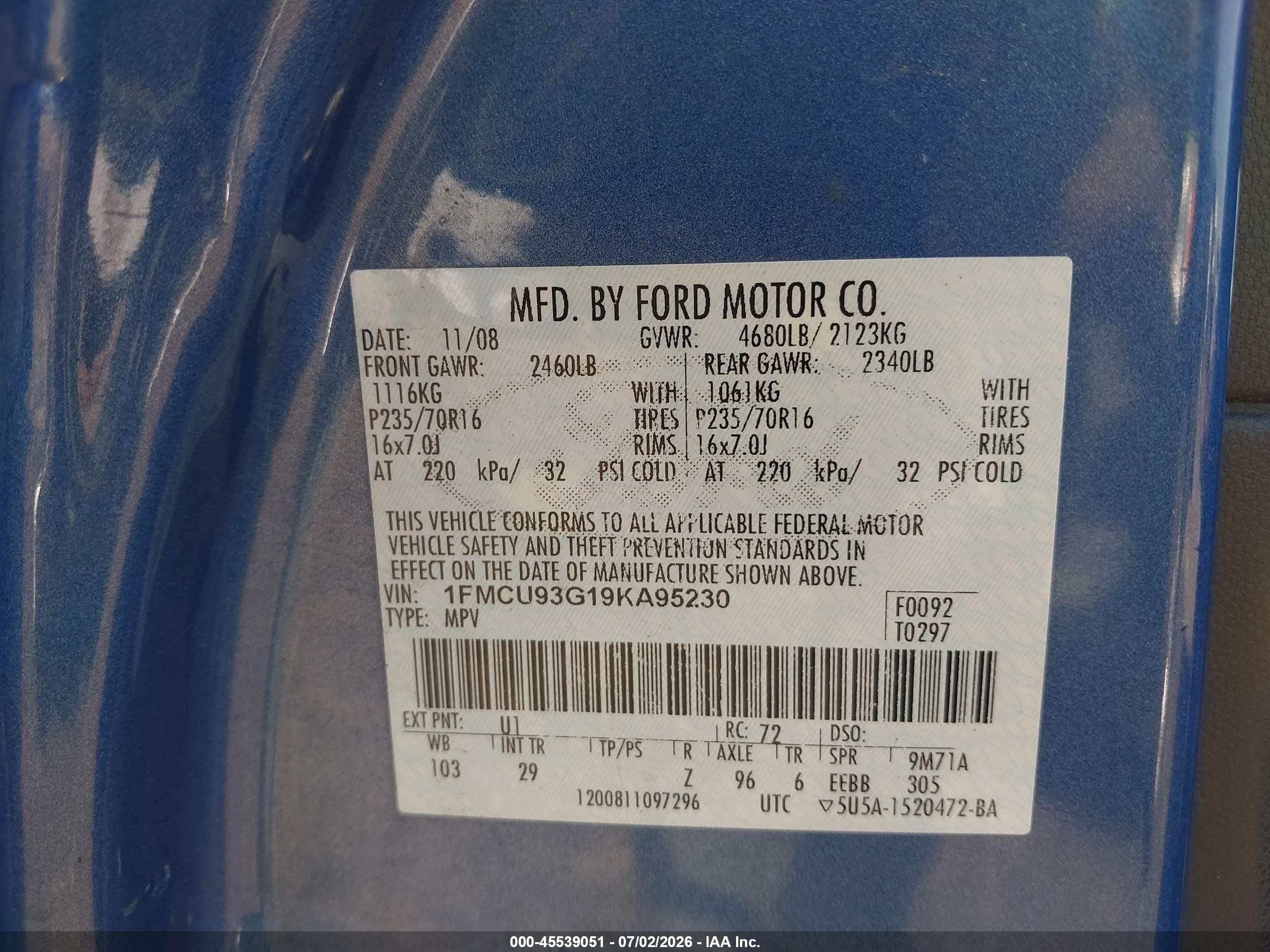 2009 Ford Escape Xlt Blue vin: 1FMCU93G19KA95230