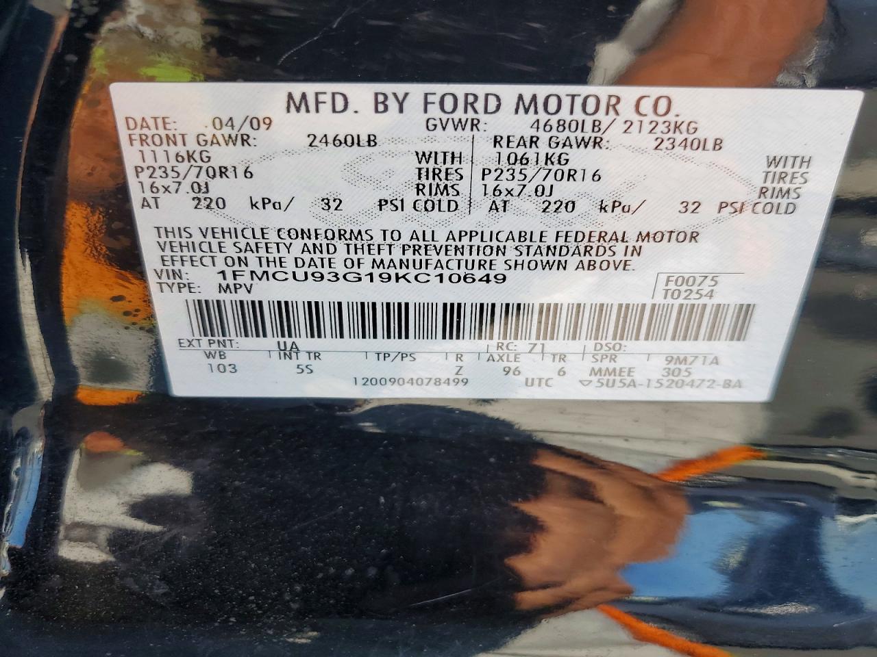 2009 Ford Escape Xlt Black vin: 1FMCU93G19KC10649