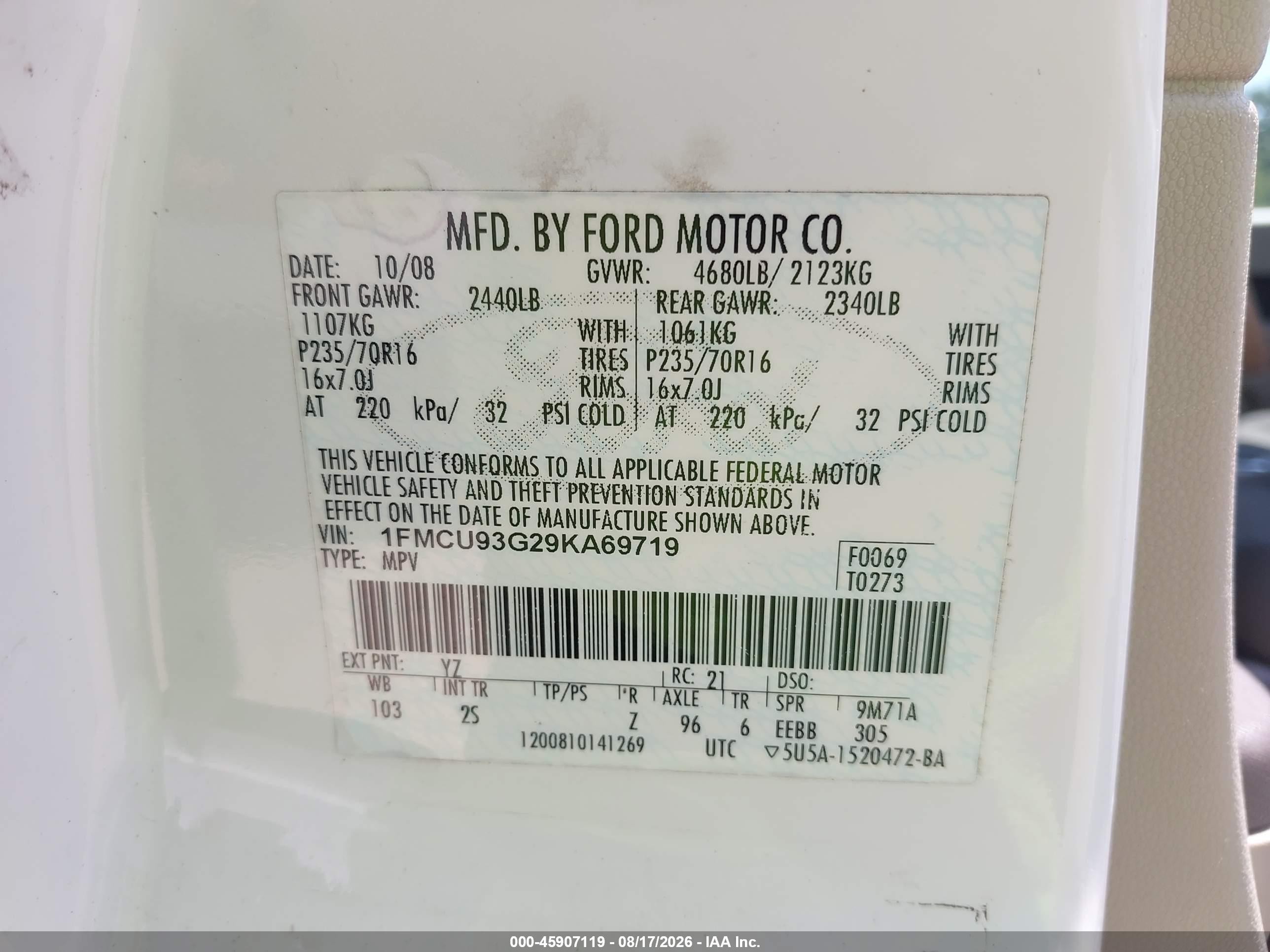 2009 Ford Escape Xlt White vin: 1FMCU93G29KA69719