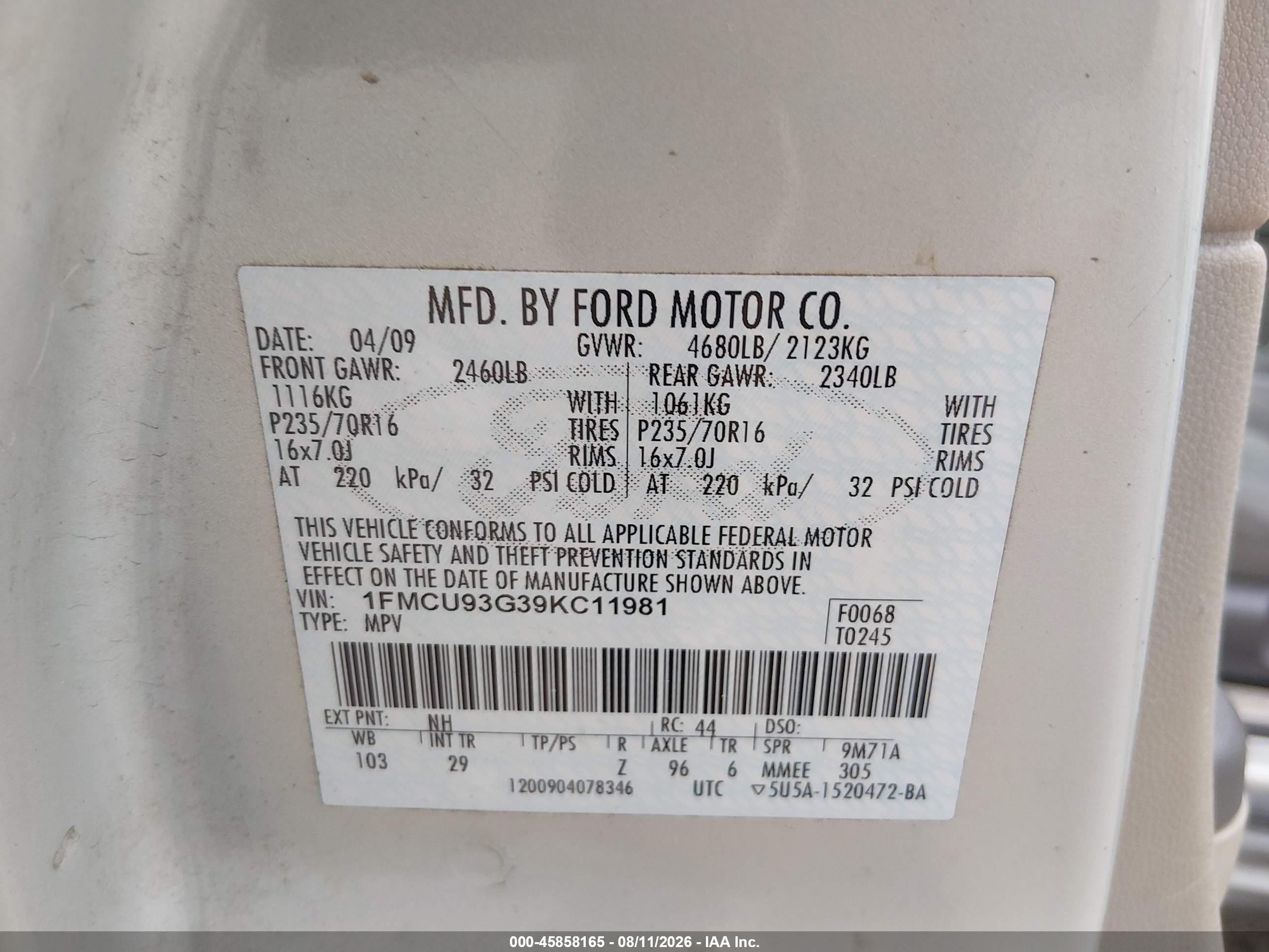 2009 Ford Escape Xlt Cream vin: 1FMCU93G39KC11981