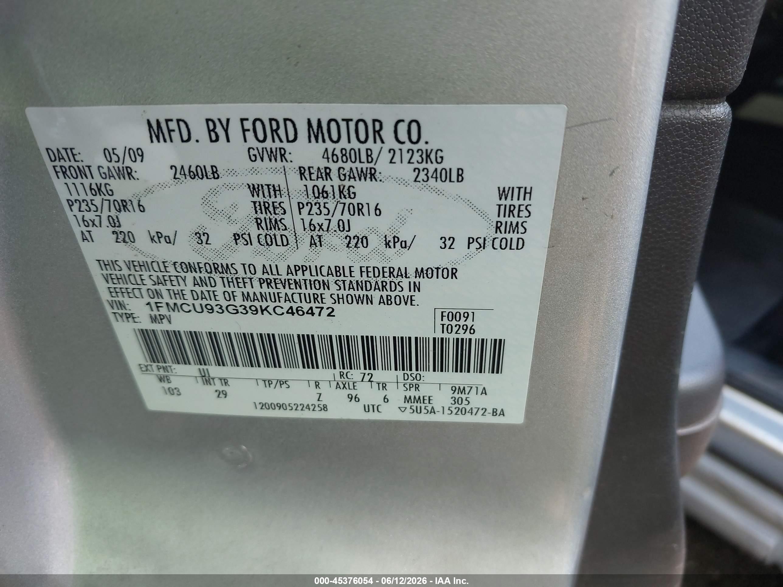 2009 Ford Escape Xlt Серый vin: 1FMCU93G39KC46472