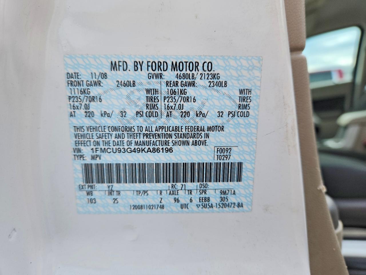 2009 Ford Escape White vin: 1FMCU93G49KA86196