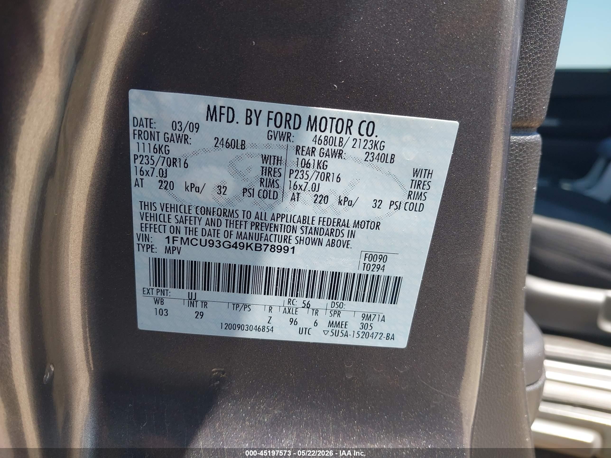 2009 Ford Escape Xlt Gray vin: 1FMCU93G49KB78991